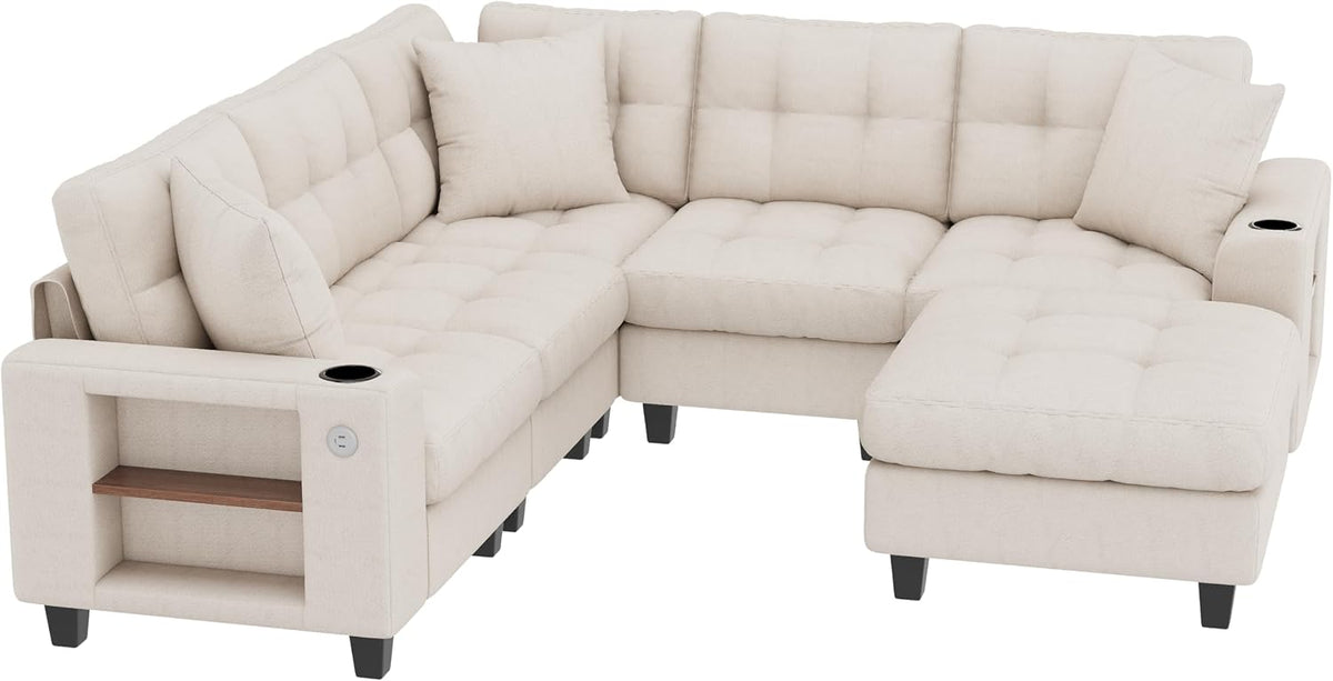 Sapgaks Sofá modular moderno de 6 plazas, con USB y portavasos, sofá de esquina modular muy grande en forma de U/L, con reposapiés extraíble y apoyabrazos con estantería, tela de chenilla, beige