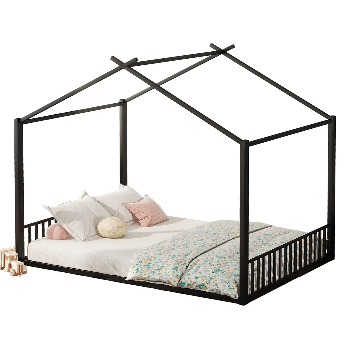 Cama infantil de 90 x 200 cm, dos camas de 90 cm con protección anticaídas, cama doble con modelado de casa, marco de hierro, color blanco, ideal para 2 niños
