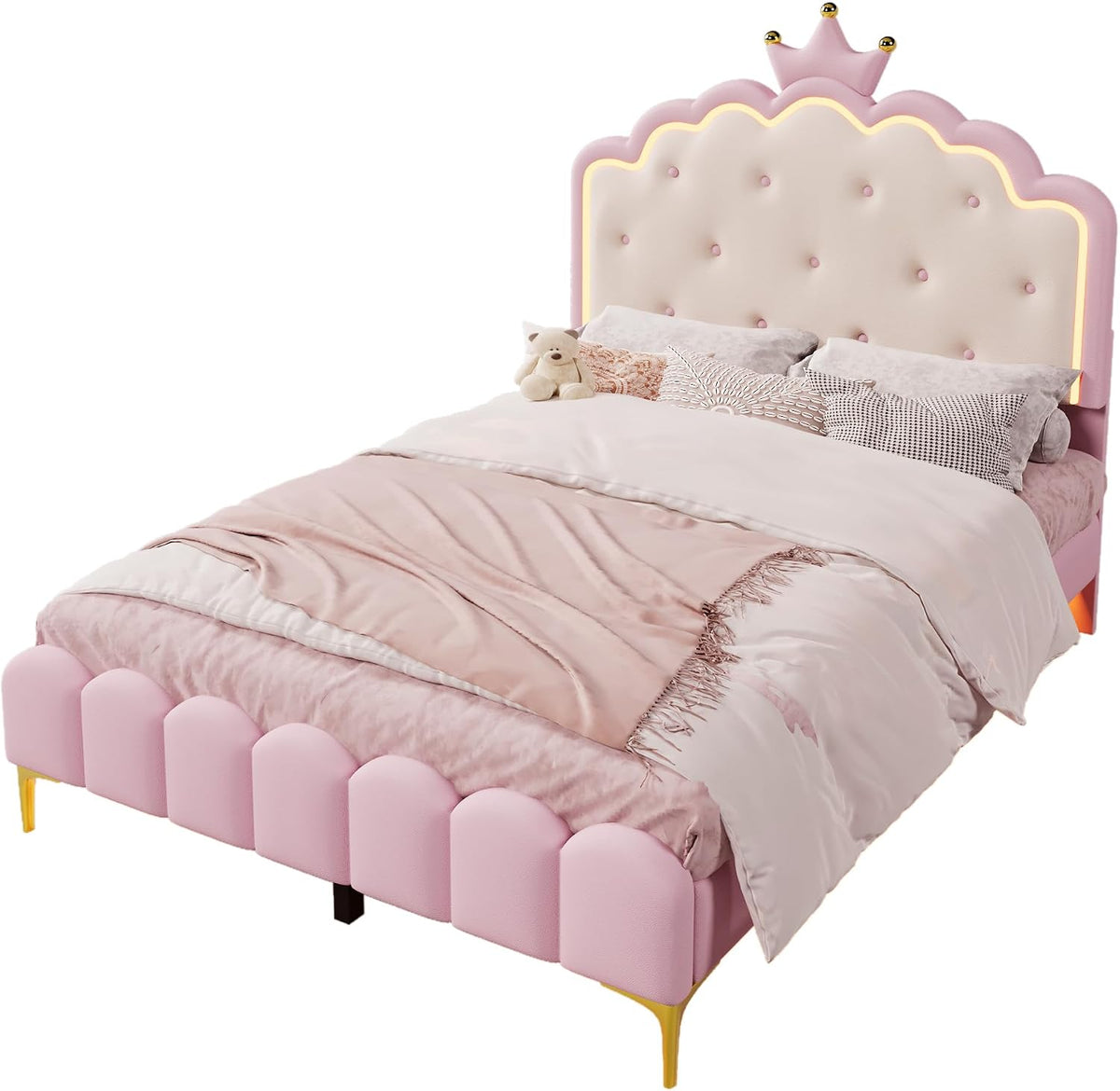 Kebnor Cama tapizada con somier, luz ambiental con mando a distancia, diseño de princesa heredera, material PU, color rosa (sin colchón) (140 x 200 cm)