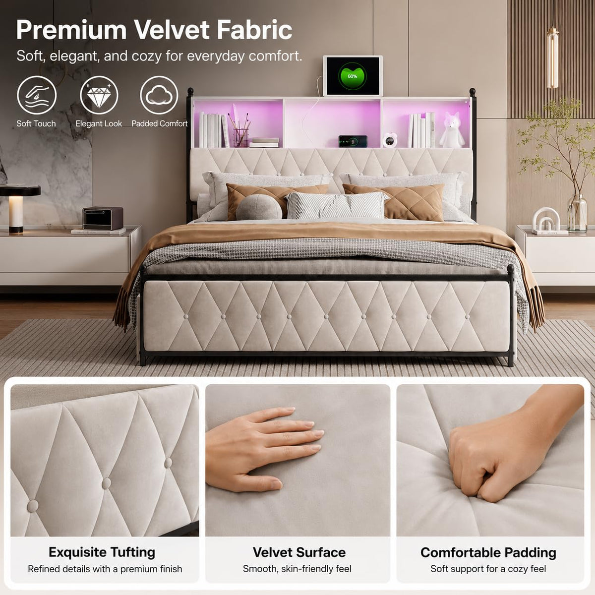 BRILVERDE Cama Tapizada 160x200 con Almacenamiento, Cama matrimonial con cajones, Cama Nido con LED, Cabecero Acolchado y Base de Láminas, Terciopelo (Beige, 160 x 200 cm)