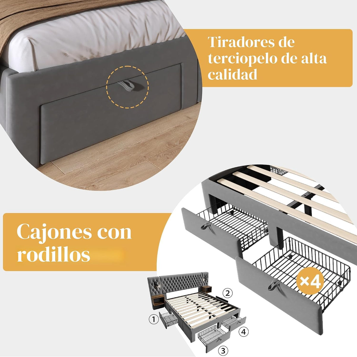 Juego completo de cama para dormitorio, cama doble tapizada de 160 x 200 cm, con 2 mesitas de noche y 4 cajones, cabecero de luz de lectura con función de carga USB, terciopelo, sin colchón