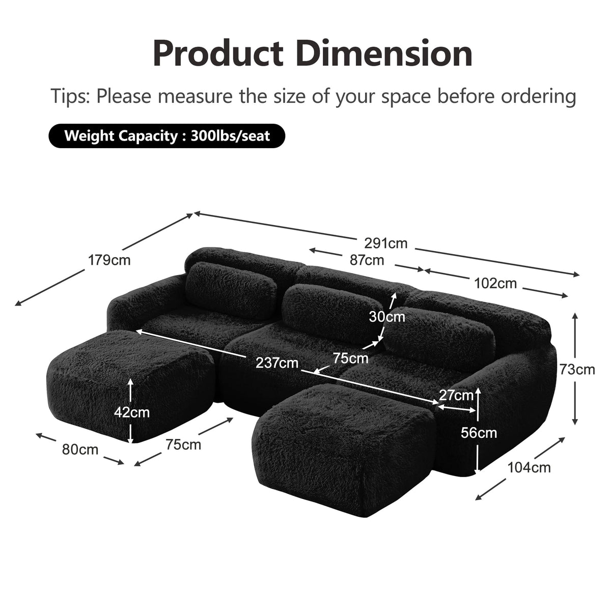 Sofá modular en forma de U, tela de felpa, sin montaje, base antideslizante, con cojín, soporte ergonómico, espuma de alta elasticidad, adecuado para sala de estar, dormitorio (caqui claro)