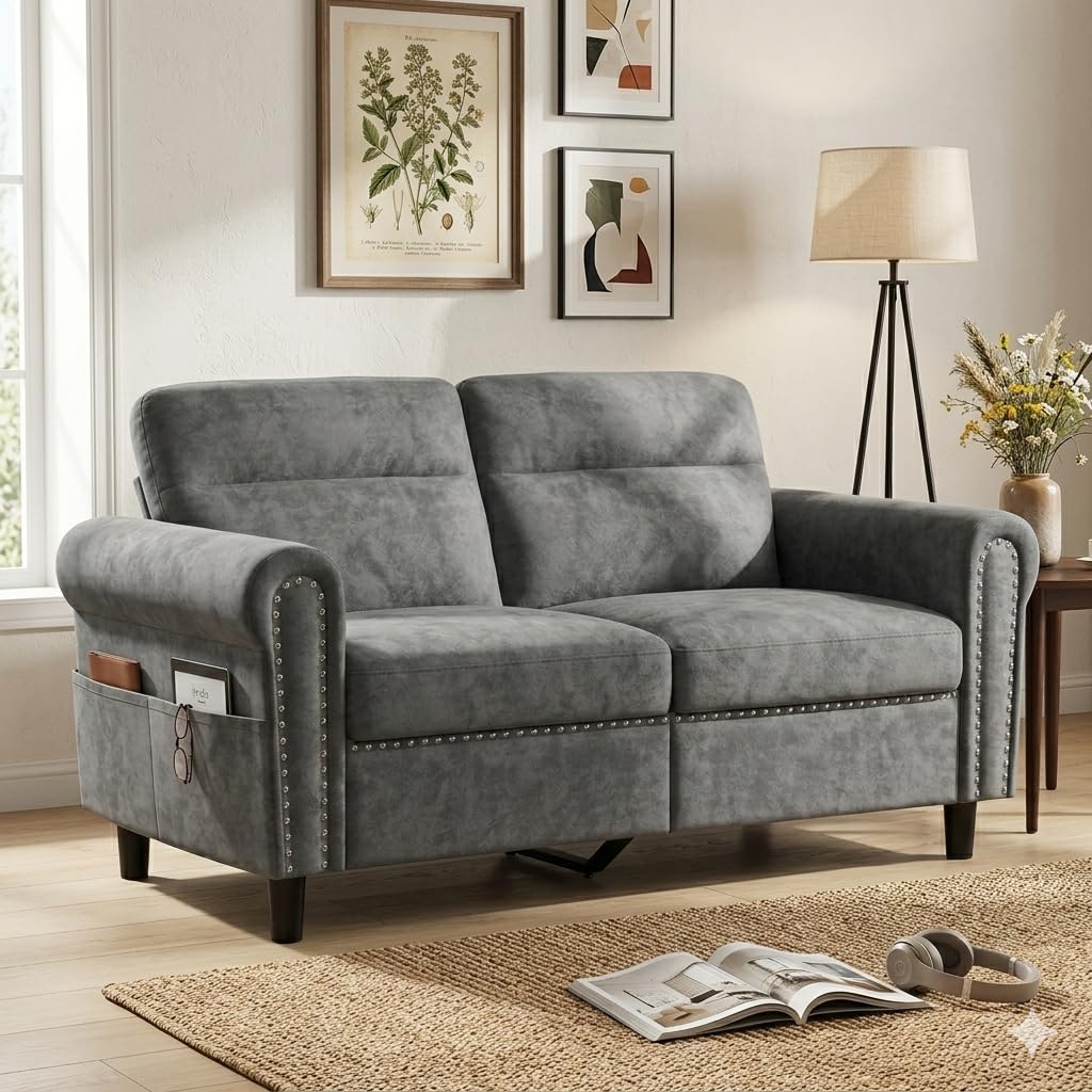 Sofá 2 Plazas,Loveseat con Bolsillo Lateral Beige