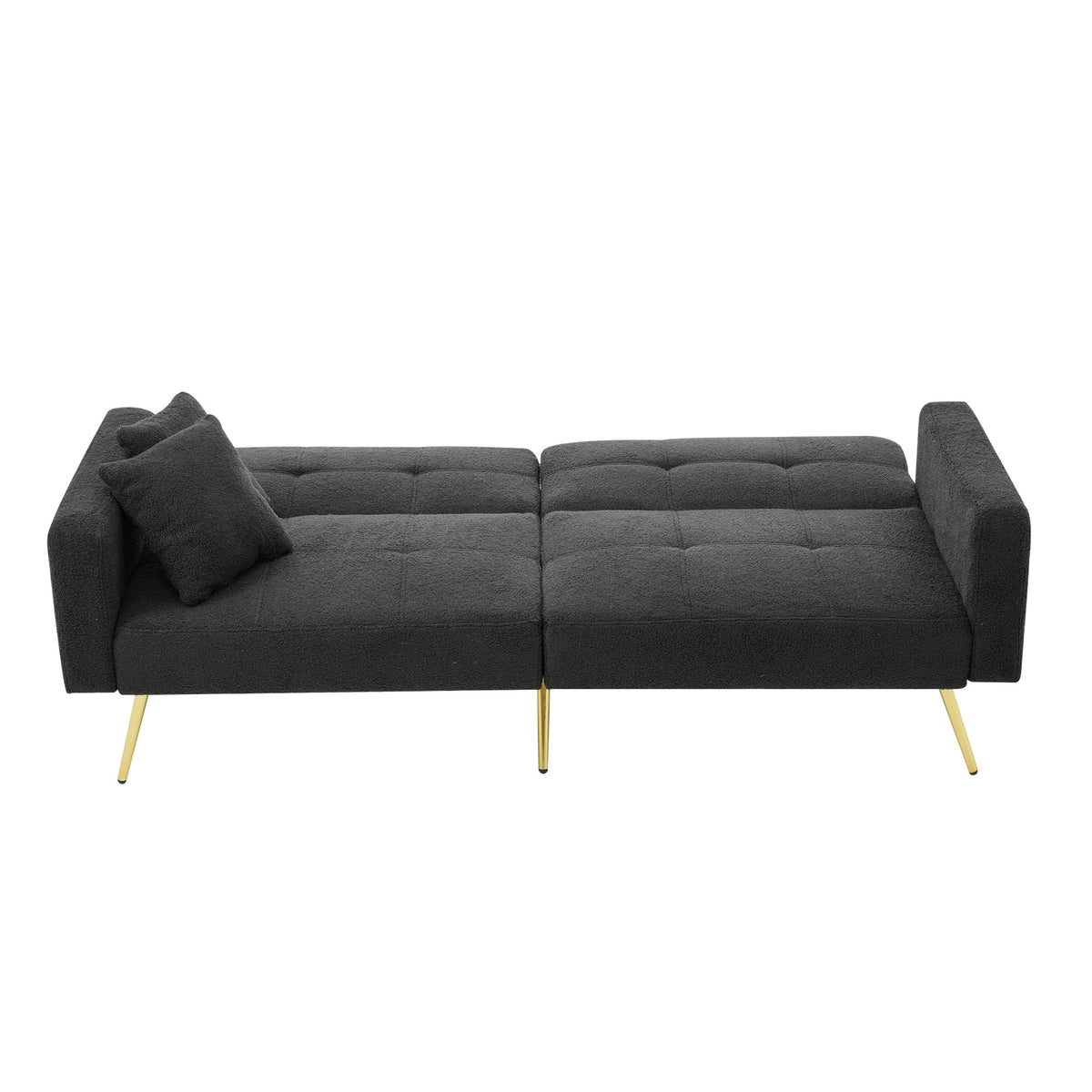 Sofá cama con esquinas ajustables, patas doradas, almohadas y bolsillos laterales para almacenamiento (Bavia)