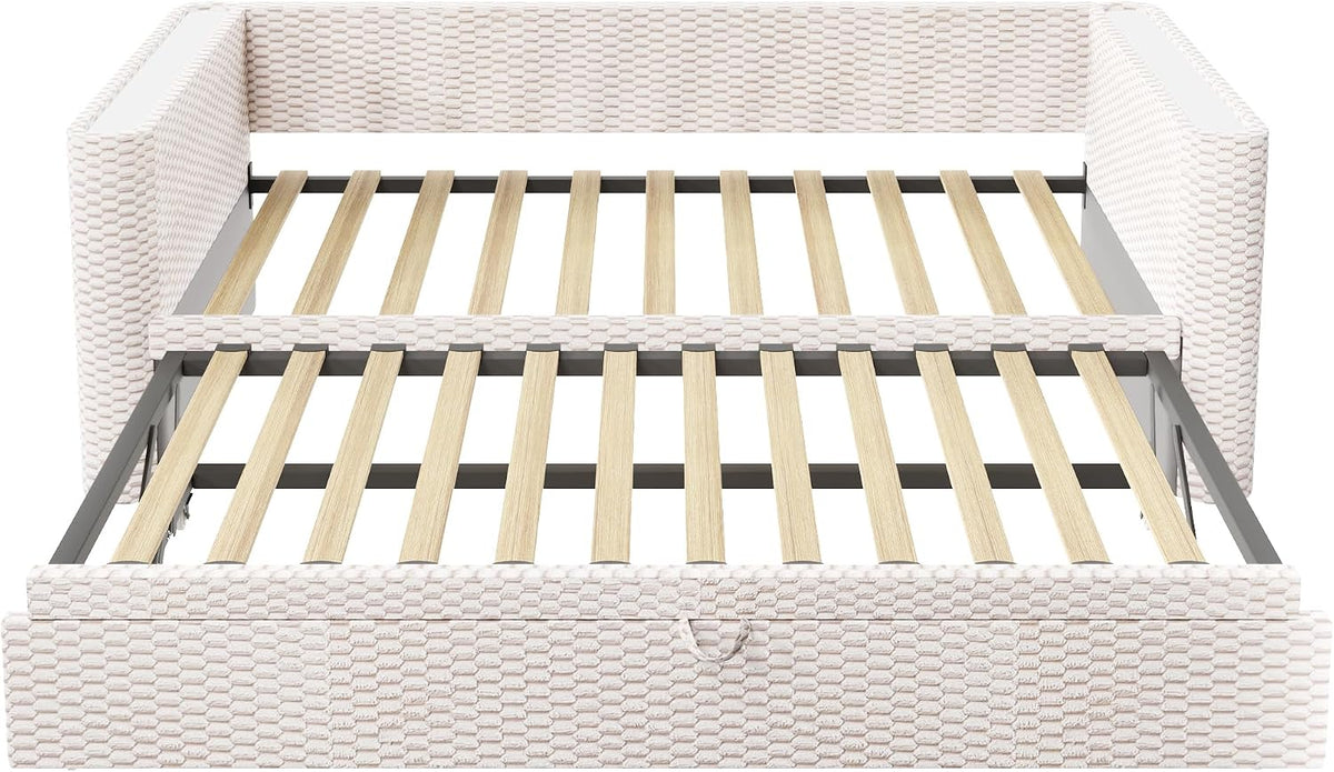 Moimhear Cama de día, diván cama, sofá cama, diseño de cama extensible multifuncional con tira de luz LED, somier de listones (sin colchón), terciopelo (beis, 90 x 200 cm+180 x 200 cm)
