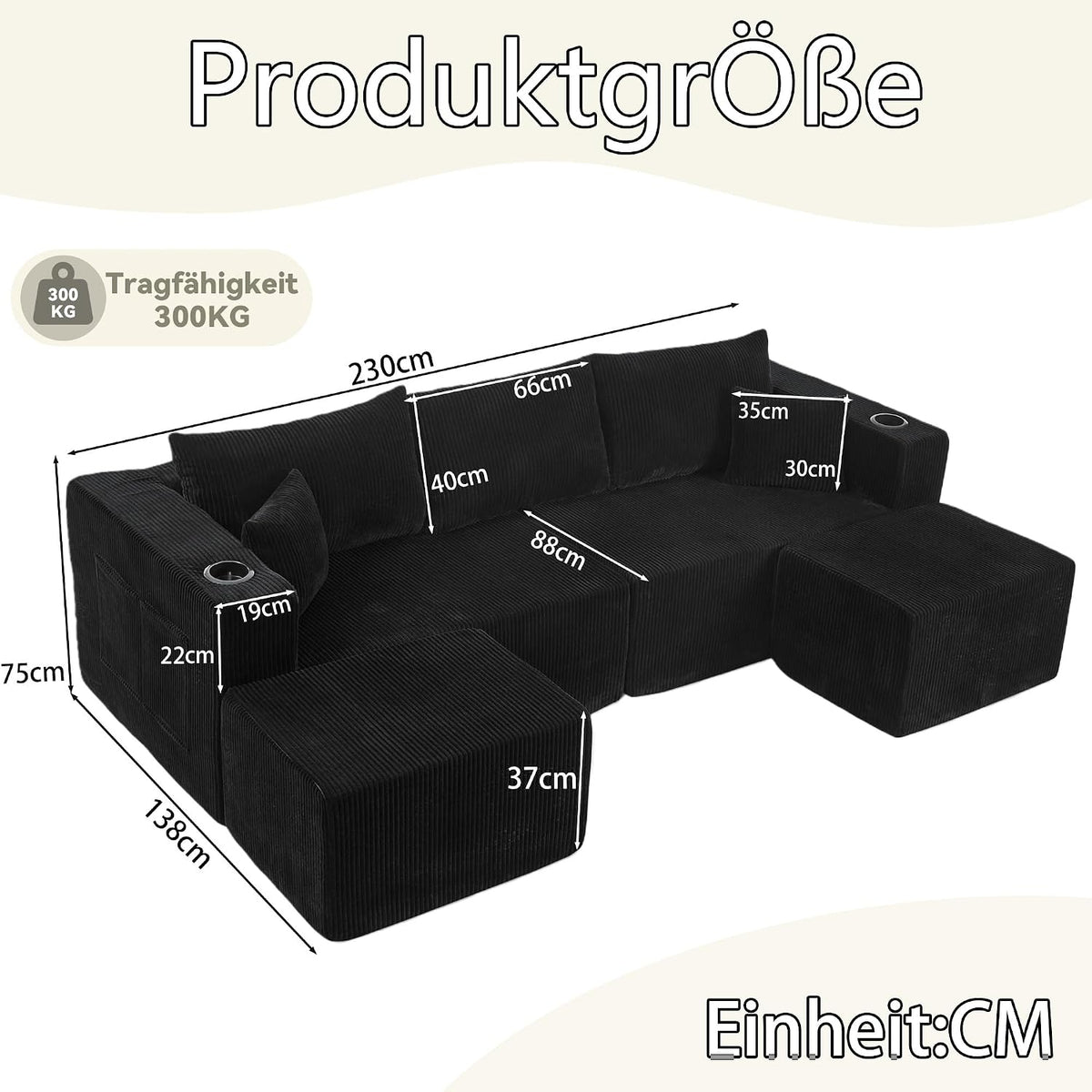 Bladez Sofá esquinero modular en forma de U de pana de 3 plazas gris con otomana