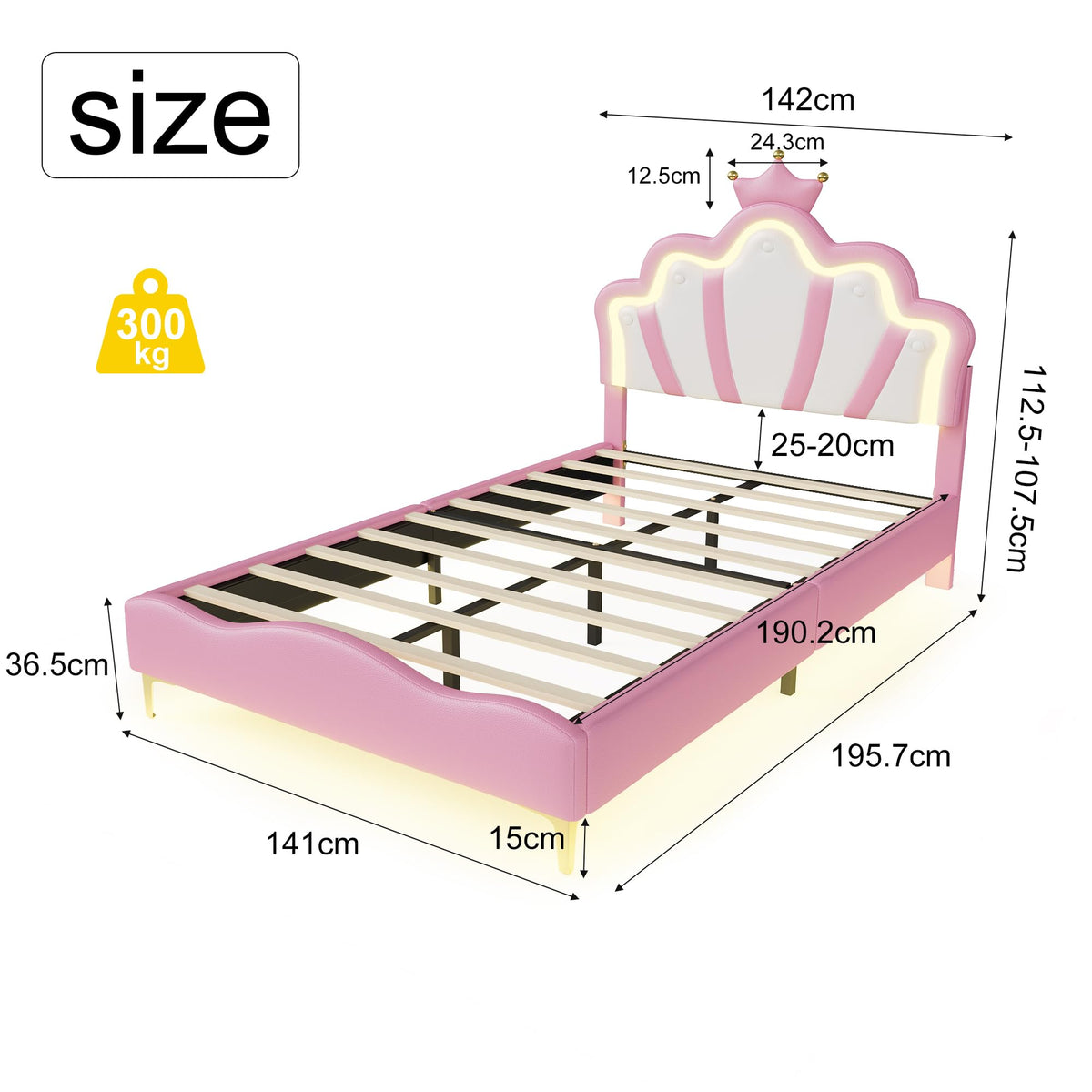 Cama Infantil tapizada 140 x 200 cm con LED, Cama tapizada para niños 140 x 200 con cabecera Ajustable Marco de Camas, Camas de Princesa para Niña en Forma de Corona con Somier(Rosa, 140 x 200)