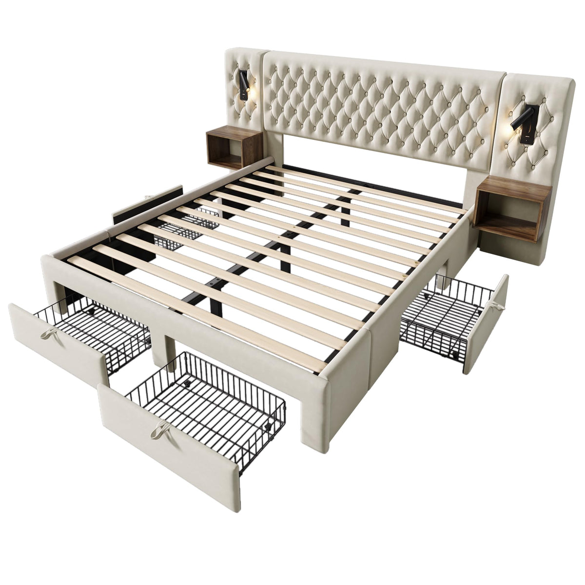 Juego completo de cama para dormitorio, cama doble tapizada de 160 x 200 cm, con 2 mesitas de noche y 4 cajones, cabecero de luz de lectura con función de carga USB, terciopelo, sin colchón