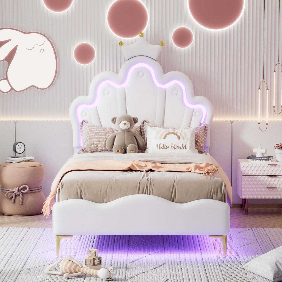 Cama Infantil tapizada 140 x 200 cm con LED, Cama tapizada para niños 140 x 200 con cabecera Ajustable Marco de Camas, Camas de Princesa para Niña en Forma de Corona con Somier(Rosa, 140 x 200)