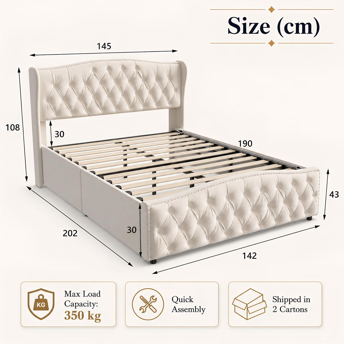 BRILVERDE Cama Tapizada 160x200 con Almacenamiento hidráulico, Cama matrimonial con lámpara de mesita, Cabecero Acolchado y Base de Láminas, Terciopelo (Beige, 160 x 200 cm)