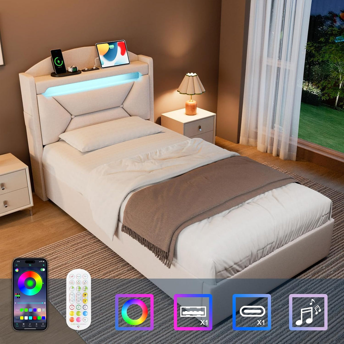 Cama 90x200 cm con Almacenamiento, Cama Individual con LED, Puertos USB y Type-C, Somier 90x200 Hidráulico, Camas Juveniles Camas Infantiles con Cabecero, Lino, Beige, Colchón No Incluido