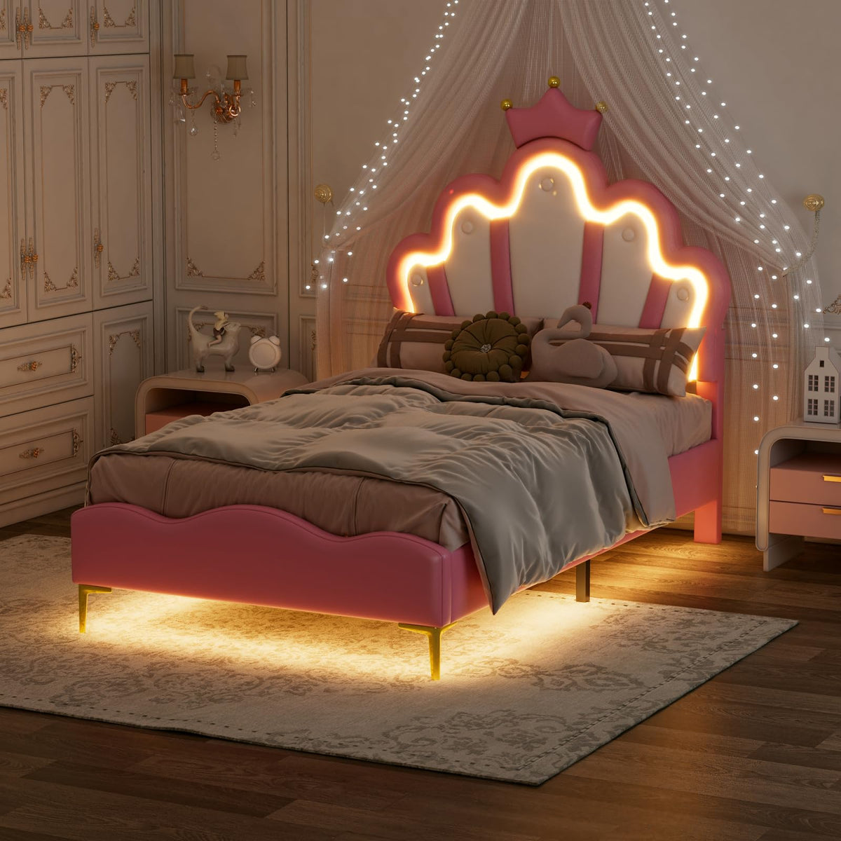 Cama Infantil tapizada 140 x 200 cm con LED, Cama tapizada para niños 140 x 200 con cabecera Ajustable Marco de Camas, Camas de Princesa para Niña en Forma de Corona con Somier(Rosa, 140 x 200)