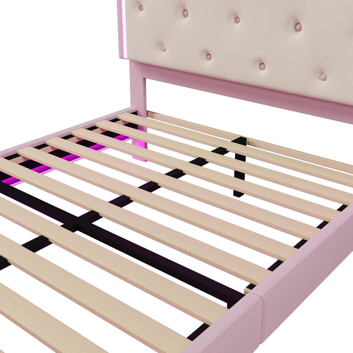 Kebnor Cama tapizada con somier, luz ambiental con mando a distancia, diseño de princesa heredera, material PU, color rosa (sin colchón) (140 x 200 cm)
