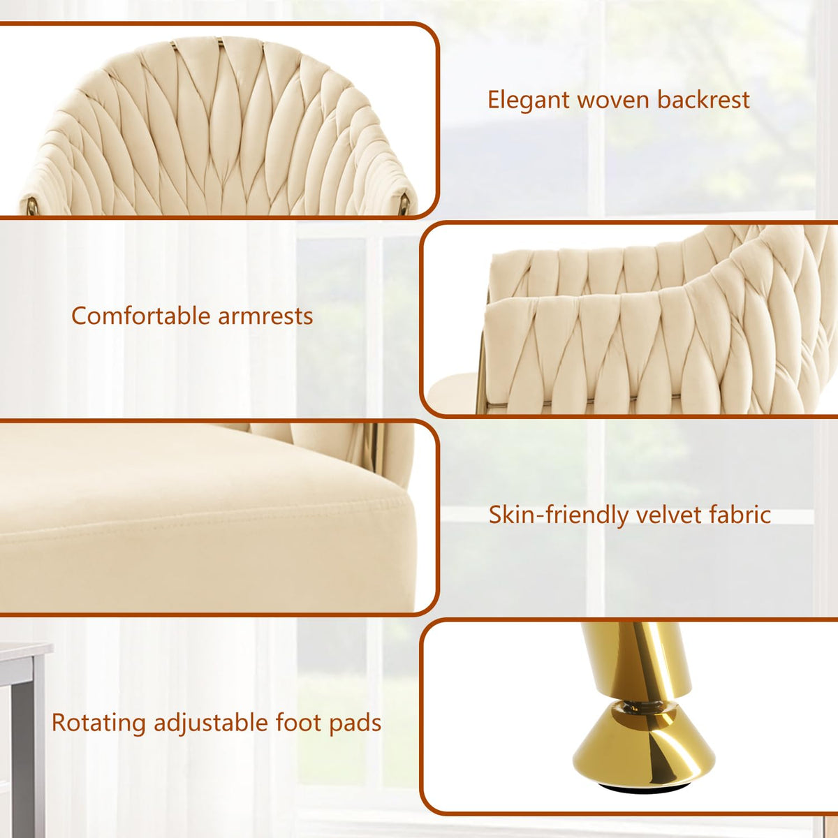 Juego de 4 sillas de comedor de terciopelo, sillones de salón, sillas de comedor con reposabrazos, sillas de cocina con respaldo alto trenzado a mano, silla de tocador con patas doradas