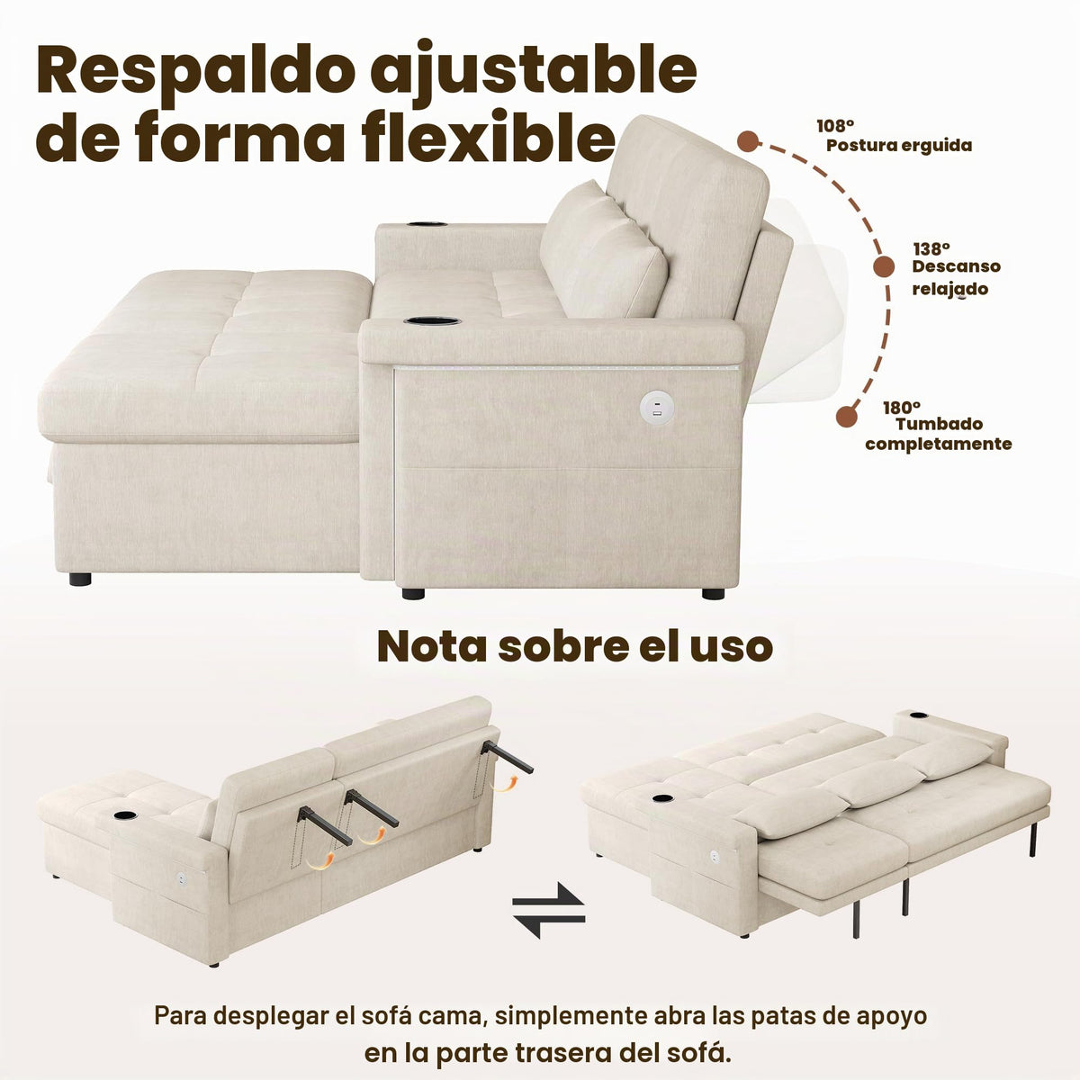 Bladez Sofá cama extensible en forma de L de lino con espacio de almacenamiento, soporte para bebidas, sofá modular de 3 plazas para salón (gris)