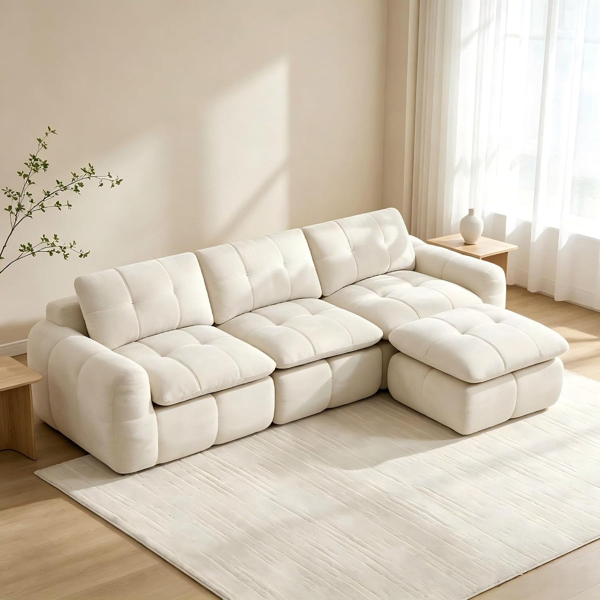 Sofá de 3 plazas con 1 taburete chenilla beige
