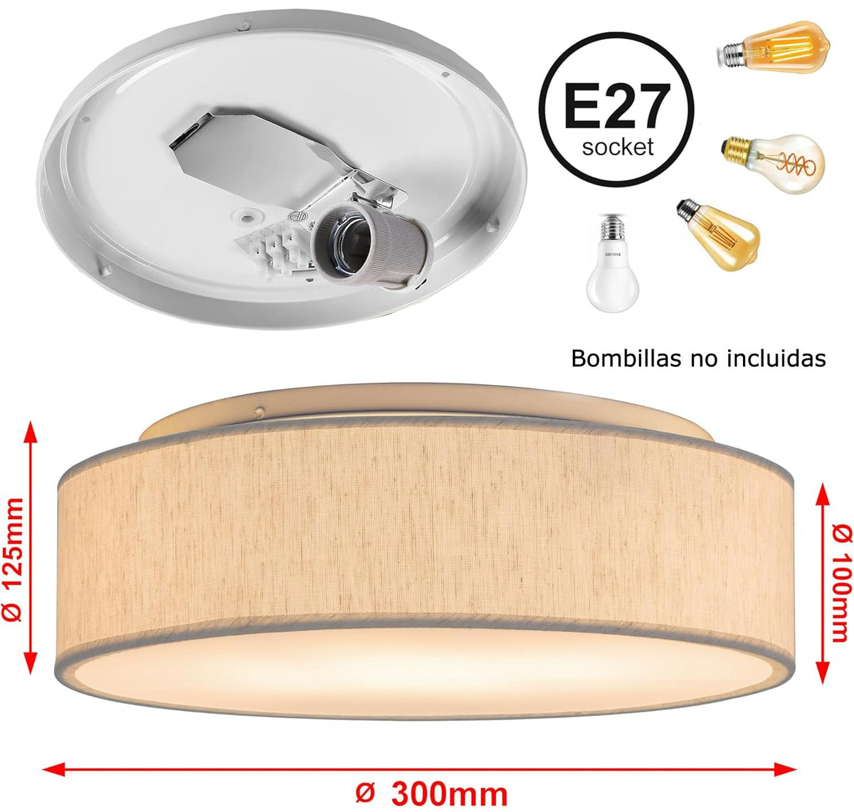 Plafón de Techo Redondo de Tela 38 cm, Pantalla Textil con 2 Casquillo E27 (40W máx.) Lámpara de Techo para Salón, Dormitorio, Pasillo o Habitación Infantil,Sin bombilla (Taupe, 38)