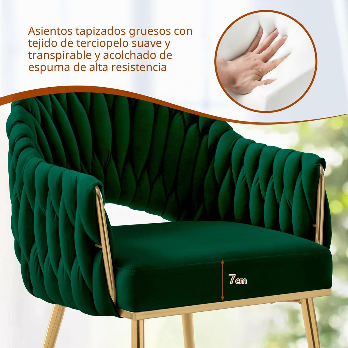 Juego de 4 sillas de comedor de terciopelo, sillones de salón, sillas de comedor con reposabrazos, sillas de cocina con respaldo alto trenzado a mano, silla de tocador con patas doradas