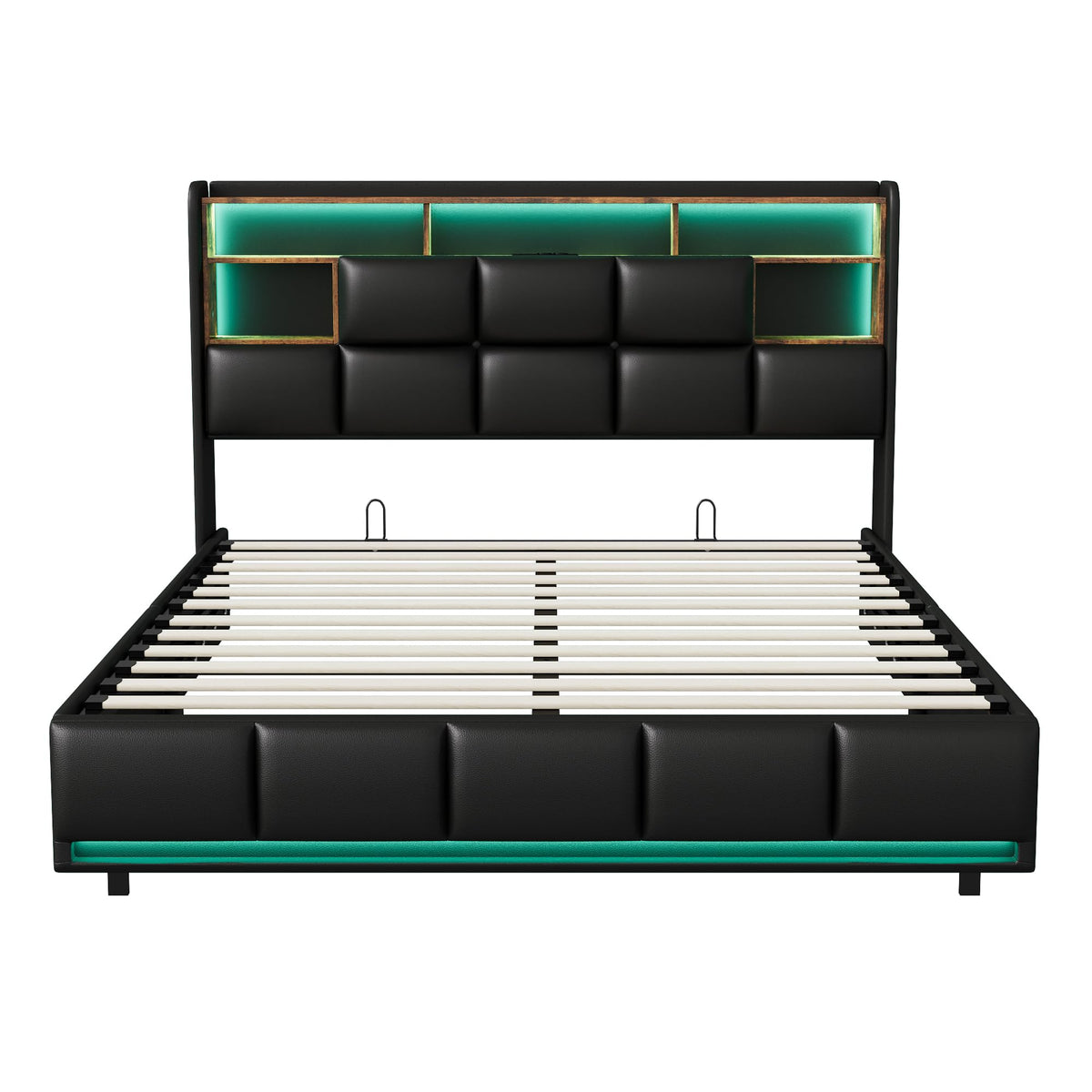 Cama tapizada de 160 x 200 cm, cama doble LED con espacio de almacenamiento, cabecero y función de carga USB C, cama de almacenamiento hidráulico, respaldo con somier de láminas de madera
