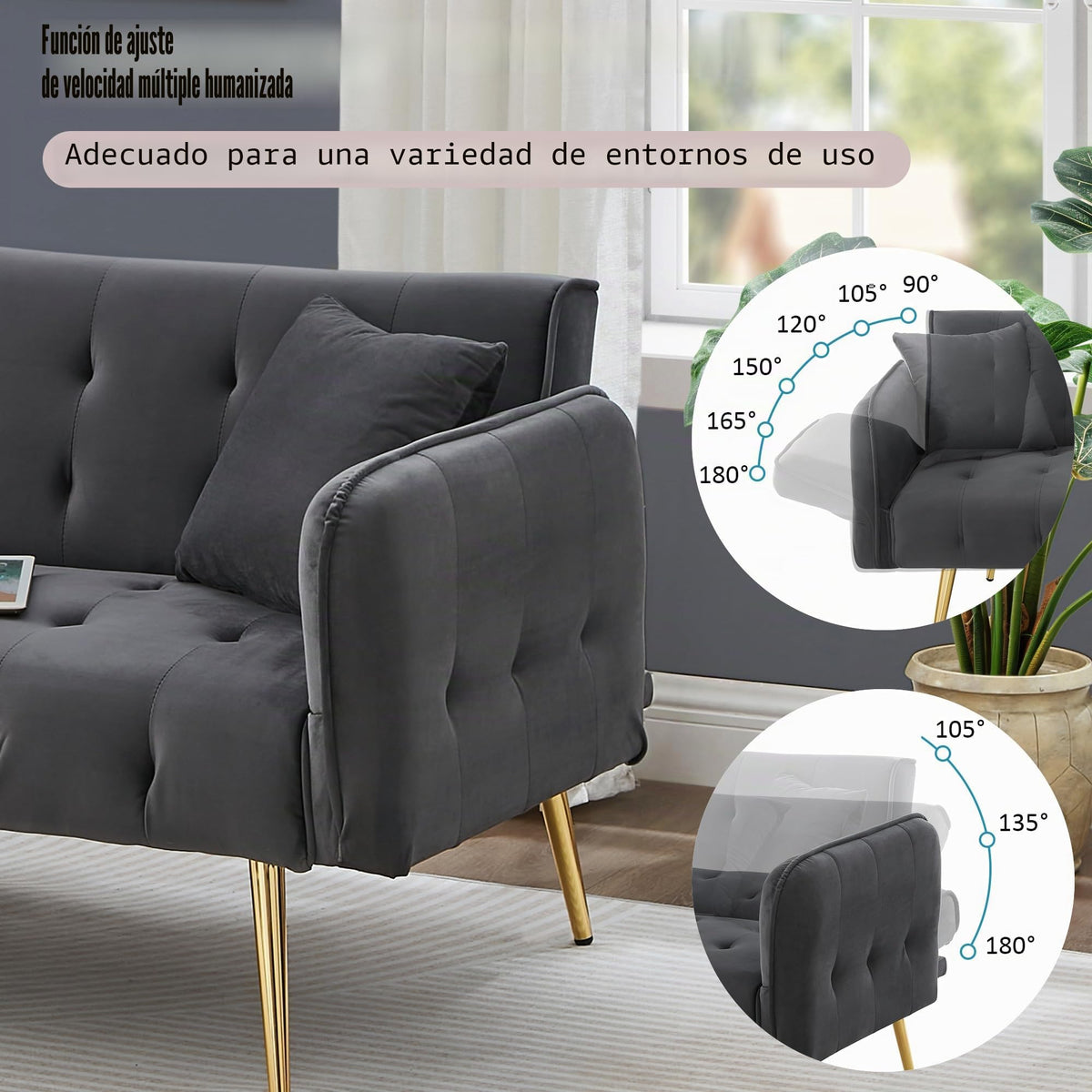 Sofá cama con esquinas ajustables, patas doradas, almohadas y bolsillos laterales para almacenamiento (Bavia)