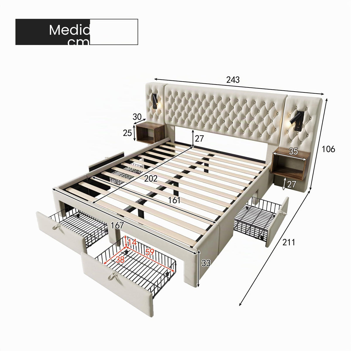 Juego completo de cama para dormitorio, cama doble tapizada de 160 x 200 cm, con 2 mesitas de noche y 4 cajones, cabecero de luz de lectura con función de carga USB, terciopelo, sin colchón