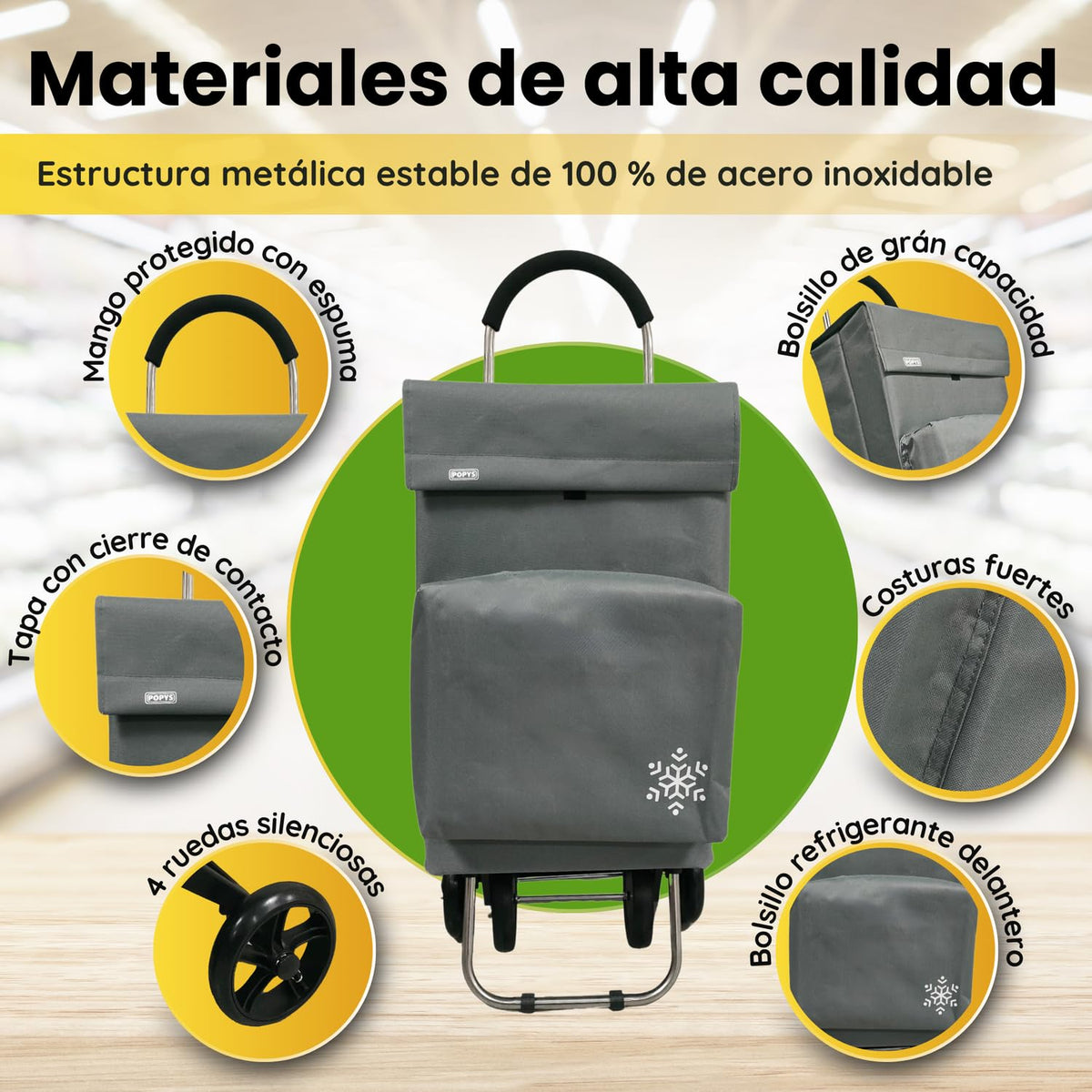 Carro de la Compra de 50L con Compartimento Refrigerante | Carrito Compra de 4 y 2 Ruedas Ideal para Supermercado (Requiere Montaje)