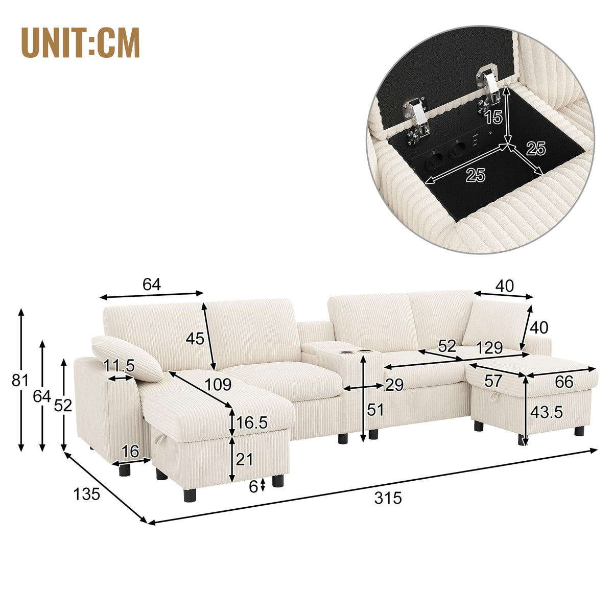 Sapgaks Sofá Seccional en U Moderno,Sofá 4 plazas,Mueble Acolchado de diseño Moderno,Tela de Chenilla (Beige)
