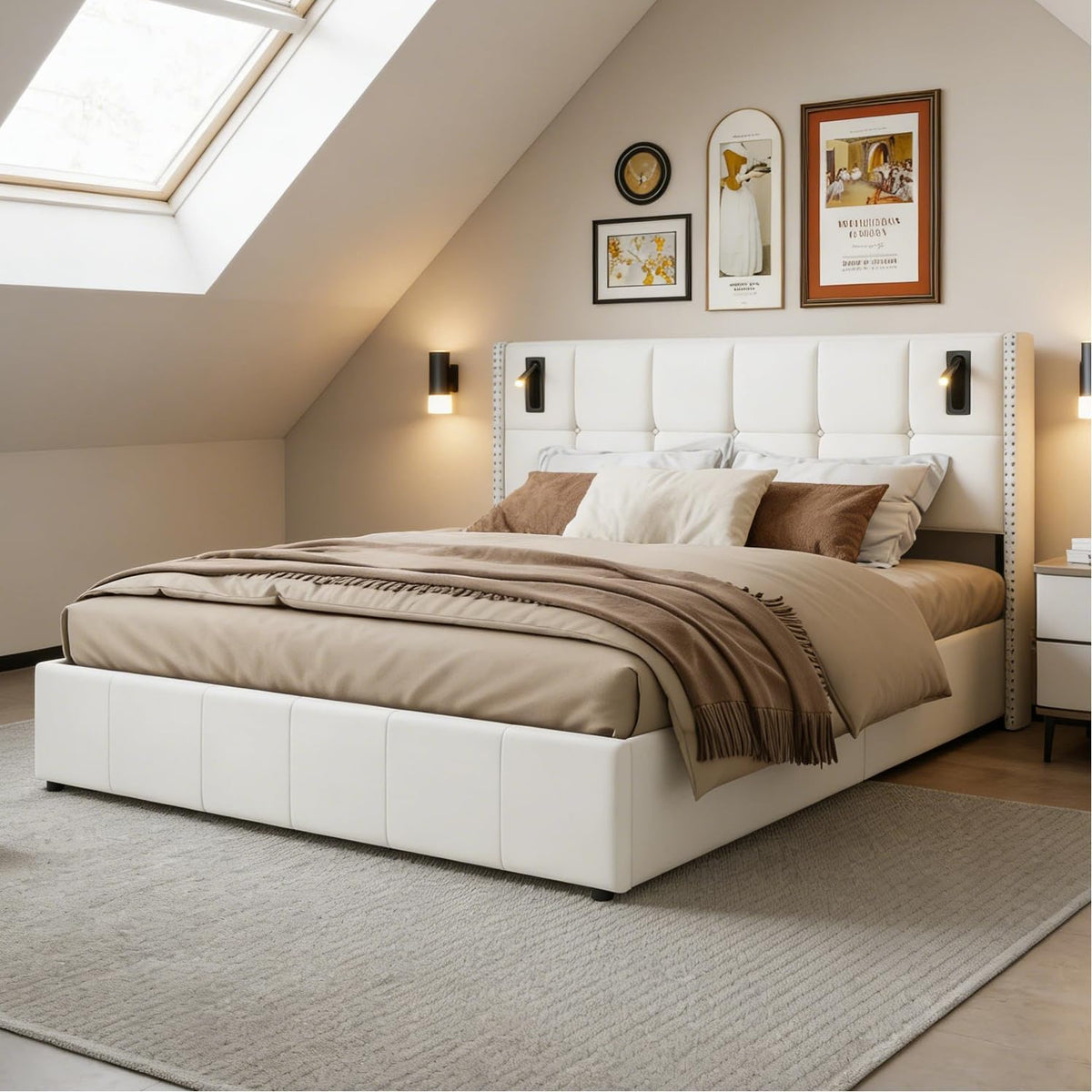 BRILVERDE Cama Tapizada 160x200 con Almacenamiento hidráulico, Cama matrimonial con lámpara de mesita, Cabecero Acolchado y Base de Láminas, Terciopelo (Beige, 160 x 200 cm)