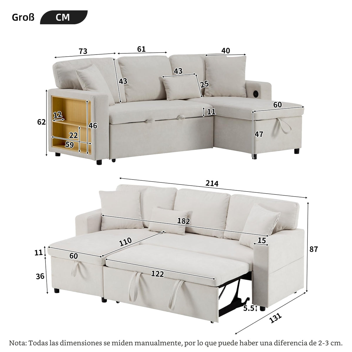 Sofá esquinero extensible en forma de L con puerto USB y portavasos, sofá cama de 4 plazas con función cama, sofá convertible con espacio de almacenamiento y reposabrazos, cojines, chenilla