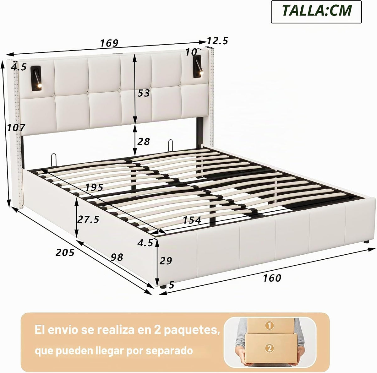 BRILVERDE Cama Tapizada 160x200 con Almacenamiento hidráulico, Cama matrimonial con lámpara de mesita, Cabecero Acolchado y Base de Láminas, Terciopelo (Beige, 160 x 200 cm)