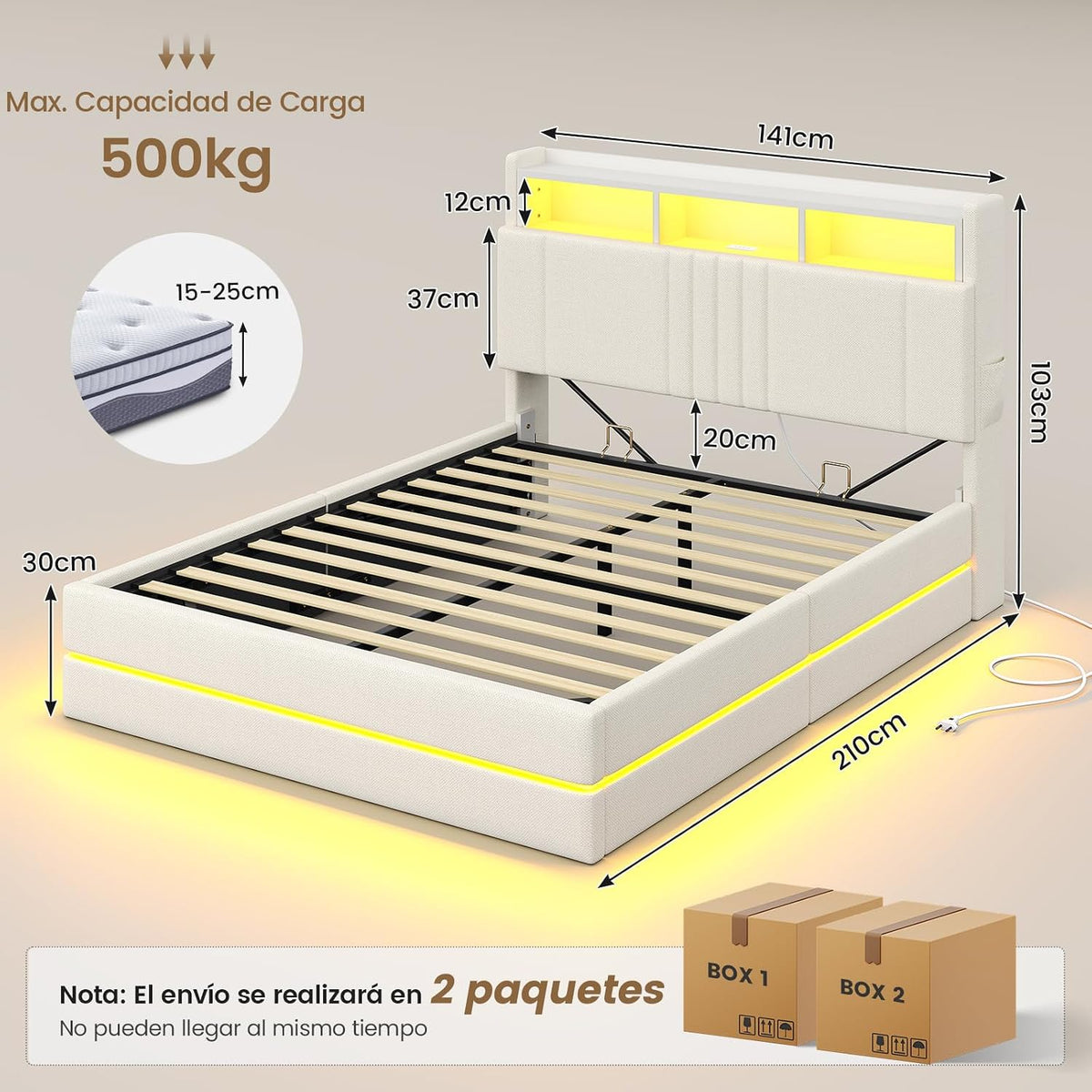 AOGLLATI Cama Matrimonial 140x190 cm con Almacenamiento Hidráulico, Lino