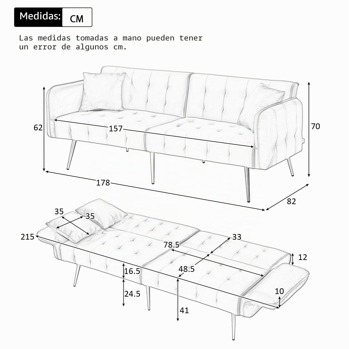 Sofá cama con esquinas ajustables, patas doradas, almohadas y bolsillos laterales para almacenamiento (Bavia)
