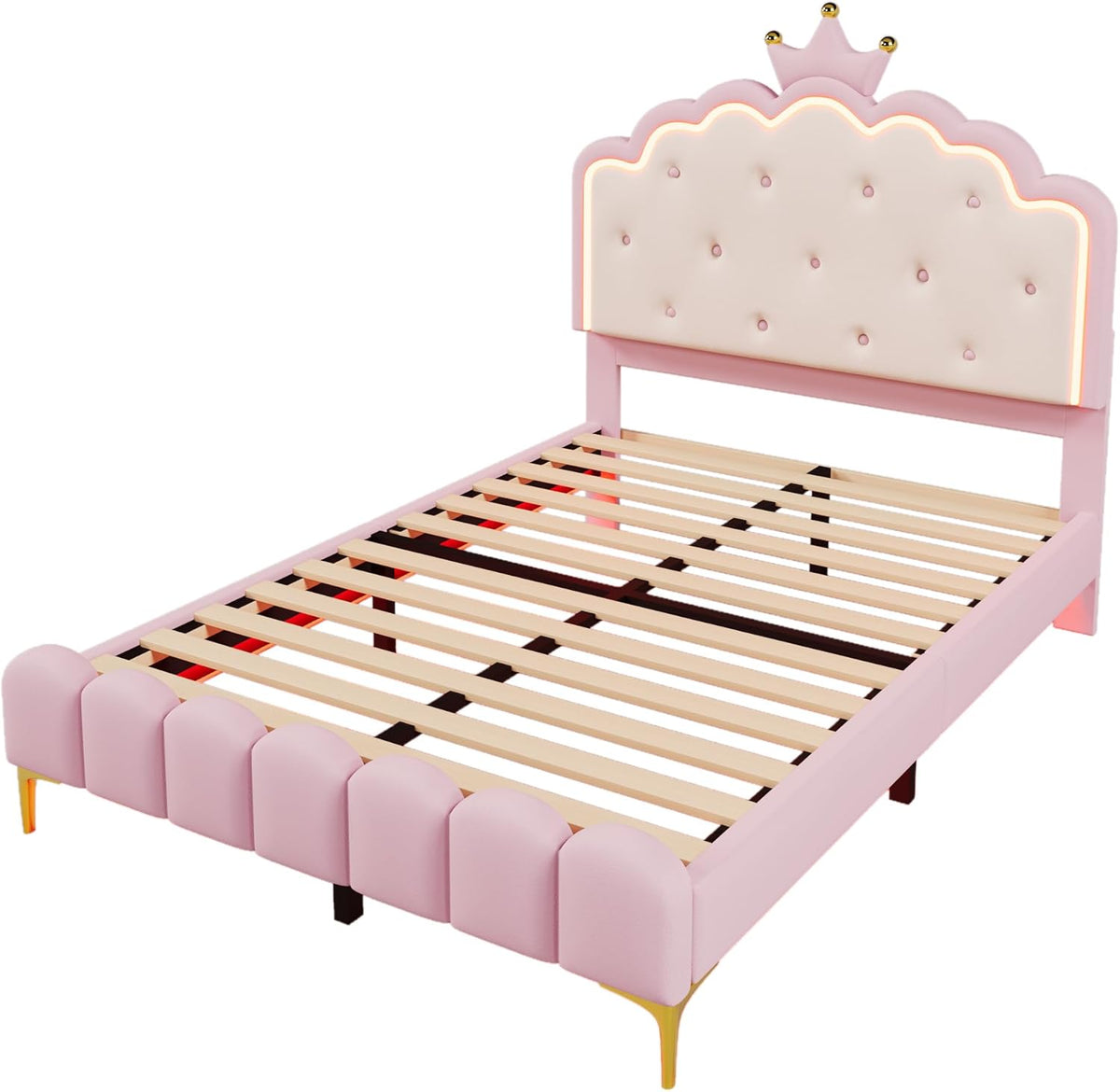 Kebnor Cama tapizada con somier, luz ambiental con mando a distancia, diseño de princesa heredera, material PU, color rosa (sin colchón) (140 x 200 cm)