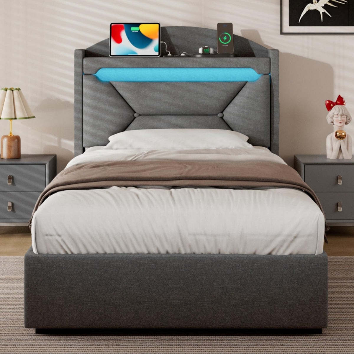 Cama 90x200 cm con Almacenamiento, Cama Individual con LED, Puertos USB y Type-C, Somier 90x200 Hidráulico, Camas Juveniles Camas Infantiles con Cabecero, Lino, Beige, Colchón No Incluido