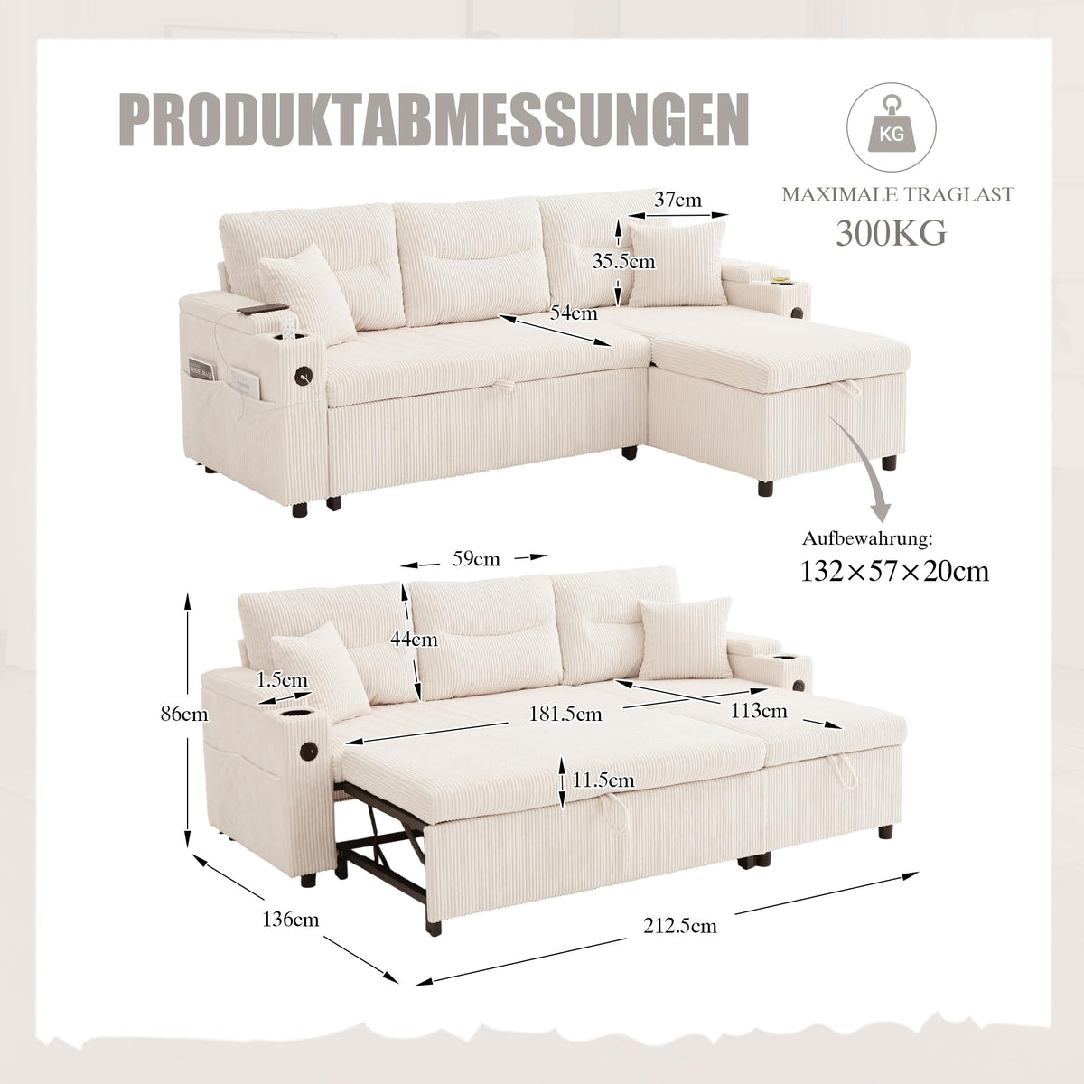 Dolamaní Sofá moderno de 4 plazas de tela de lino con espacio de almacenamiento y función de dormir, sofá cama con cajonera extensible en forma de L para casa y salón (beige B)