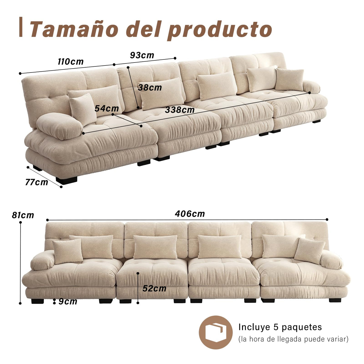 SoarFlash Sofá U Modular de 4 plazas para salón Moderno, sofá Nube de Tela Chenille con reposabrazos, Color Amarillo, 145×406 cm