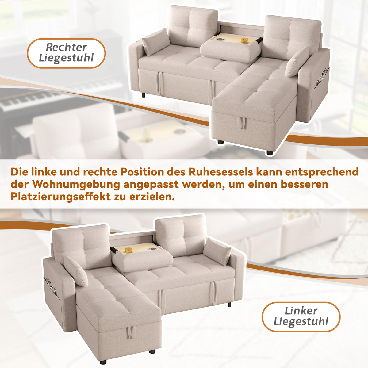 Bladez Sofá cama extensible en forma de L de lino con espacio de almacenamiento, soporte para bebidas, sofá modular de 3 plazas para salón (gris)