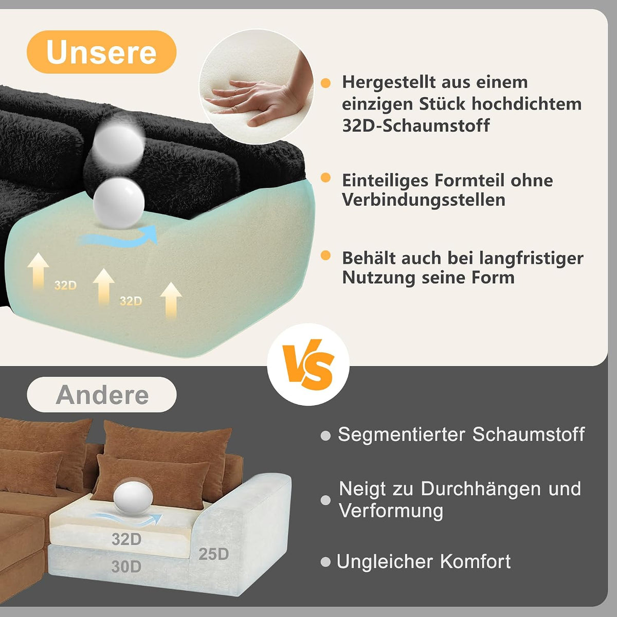 Sofá modular combinable en forma de L de 4 plazas, tejido de felpa con cojines, espuma de alta elasticidad, diseño chaise longue para salón o dormitorio (negro)