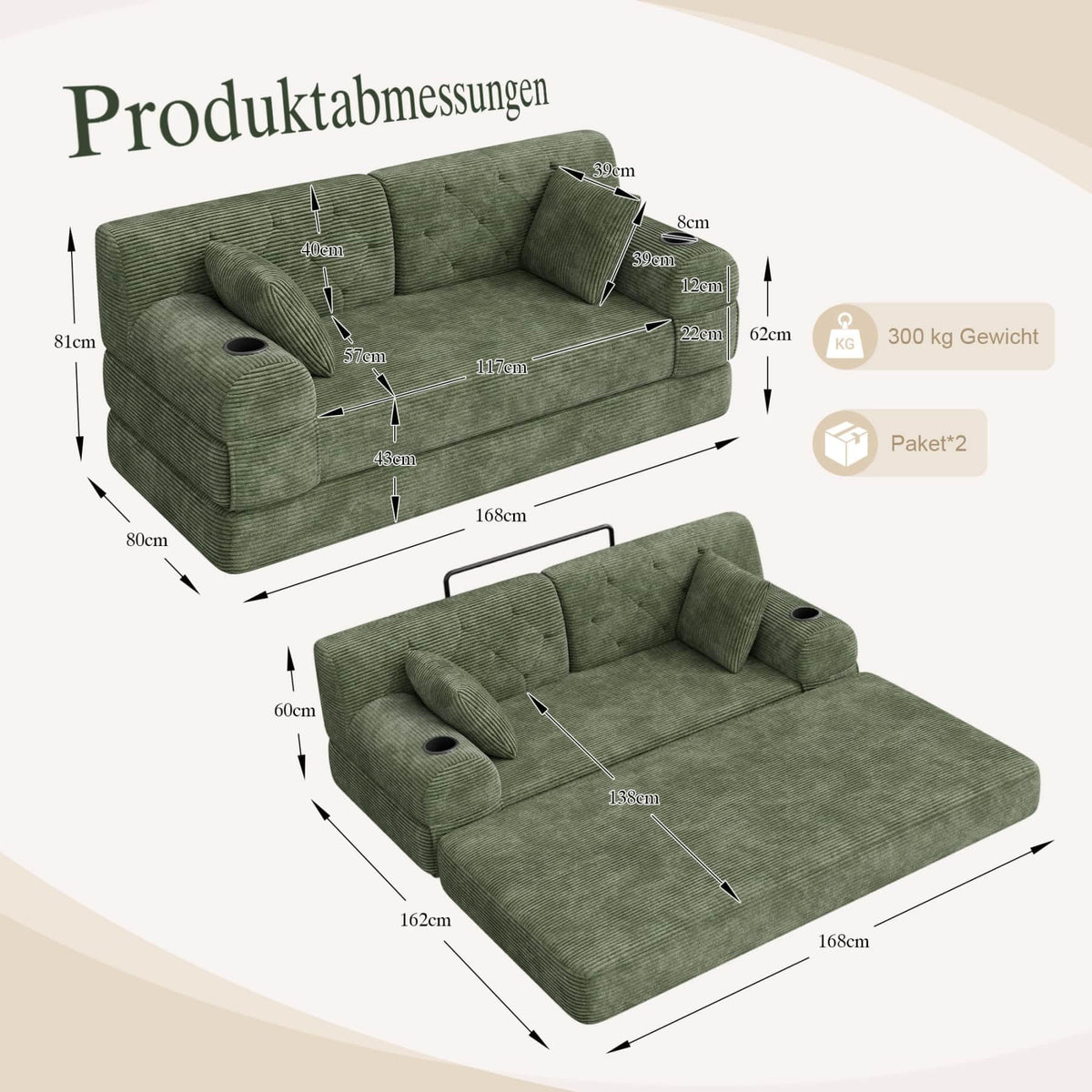 YEHTOKHOME - Sofá de Velor acanalado con respaldo alto y estructura metálica, sofá moderno de 2 plazas con 2 portavasos y 4 bolsillos laterales, para salón, dormitorio (Beige)