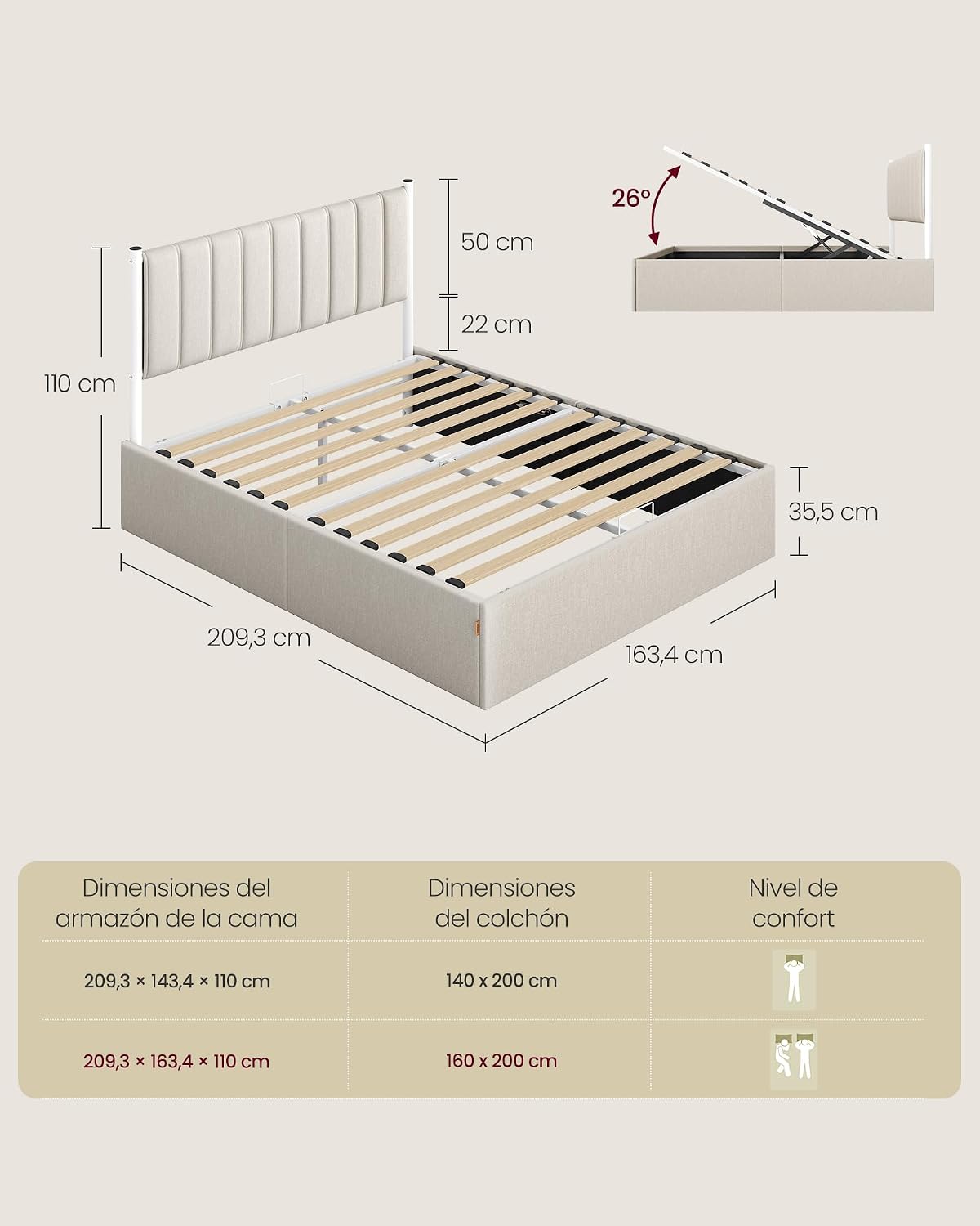 VASAGLE Estructura de Cama, 160 x 200 cm, Cama Elevable, 2 Personas, con Almacenaje, Cabecero, Sistema Hidráulico, Moderno y Minimalista, Fácil Montaje, Beige Capuchino RMB615LH01