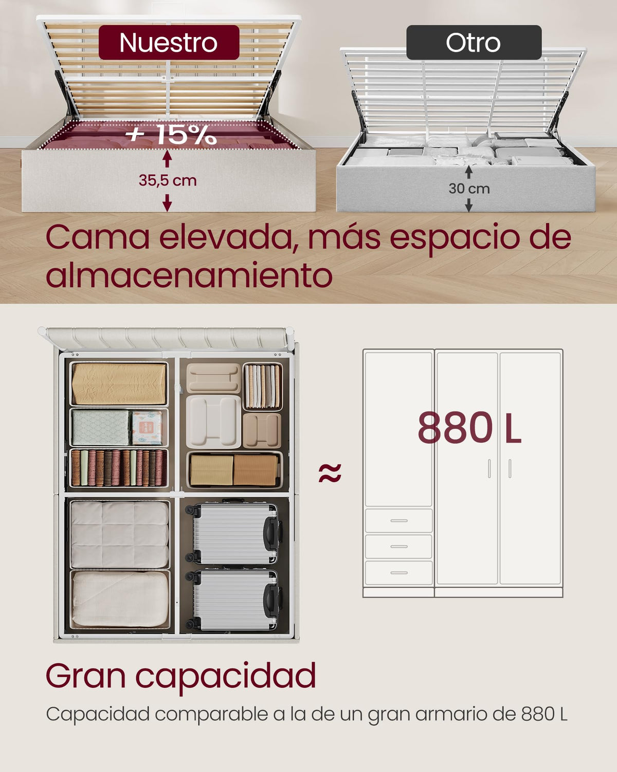 VASAGLE Estructura de Cama, 160 x 200 cm, Cama Elevable, 2 Personas, con Almacenaje, Cabecero, Sistema Hidráulico, Moderno y Minimalista, Fácil Montaje, Beige Capuchino RMB615LH01