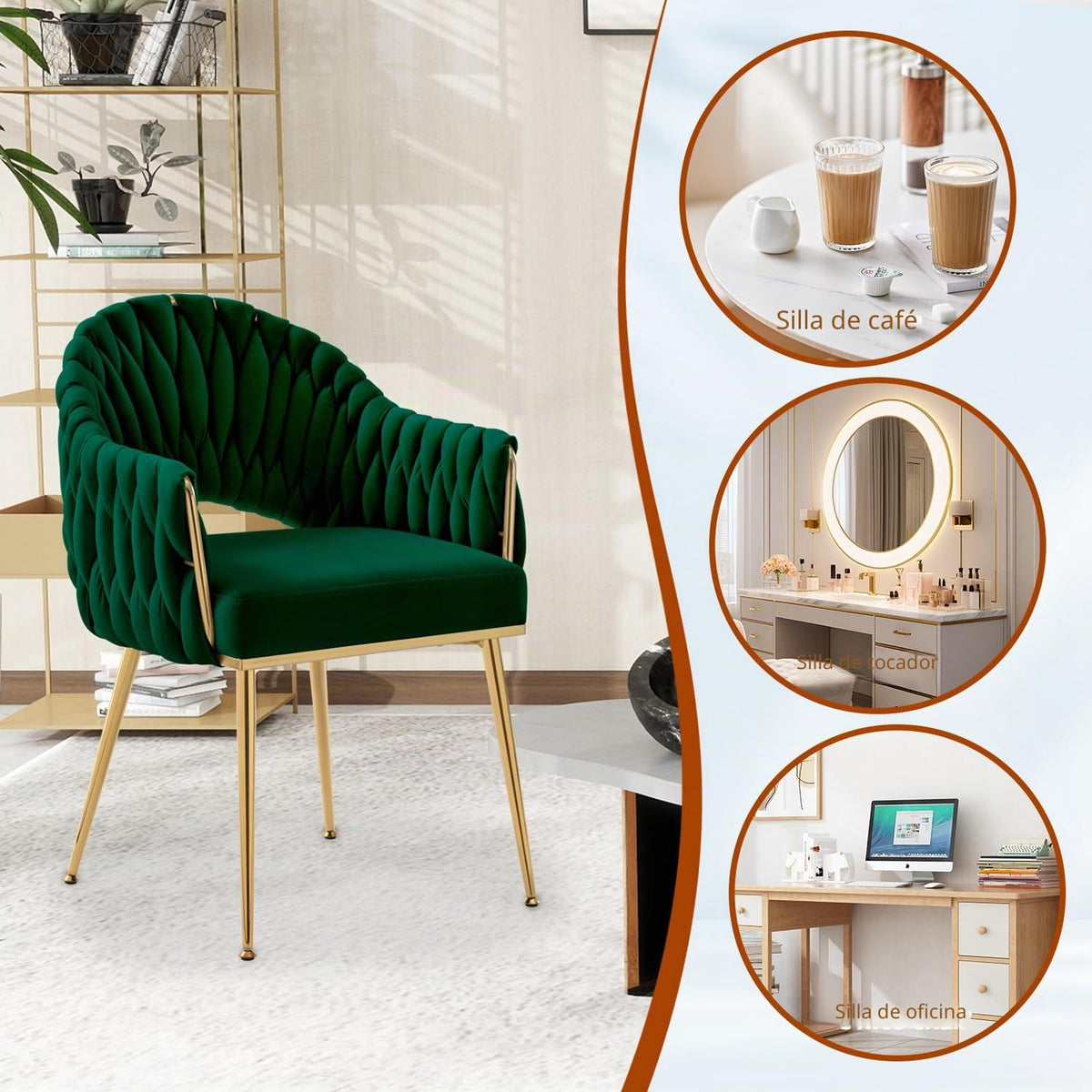 Juego de 4 sillas de comedor de terciopelo, sillones de salón, sillas de comedor con reposabrazos, sillas de cocina con respaldo alto trenzado a mano, silla de tocador con patas doradas