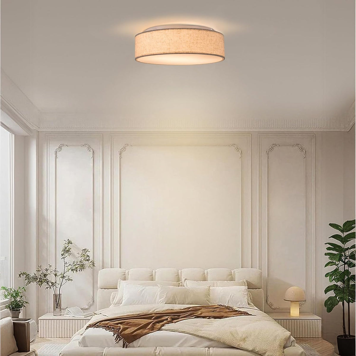 Plafón de Techo Redondo de Tela 38 cm, Pantalla Textil con 2 Casquillo E27 (40W máx.) Lámpara de Techo para Salón, Dormitorio, Pasillo o Habitación Infantil,Sin bombilla (Taupe, 38)
