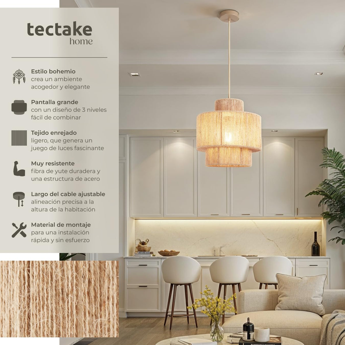 tectake® Lampara Techo Dormitorio Boho Artesanal en Yute Sostenible con Estructura de Acero, Lámpara de Techo Colgante Salón 40 W, Lampara Salon, Plafon - 45 x 45 x 27,5 cm