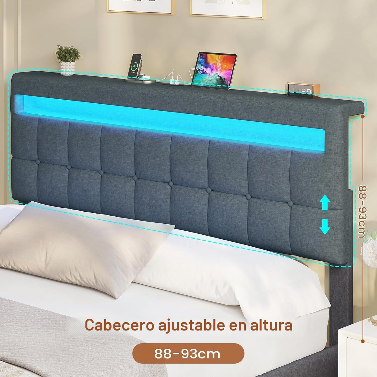 AOGLLATI Camas Matrimoniales 140x190 cm con Almacenamiento Hidráulico, Cama Canapé con Cabecero Ajustable, Estructura de Cama con Luces LED y Estación de Carga (USB y Tipo-C), Gris Oscuro