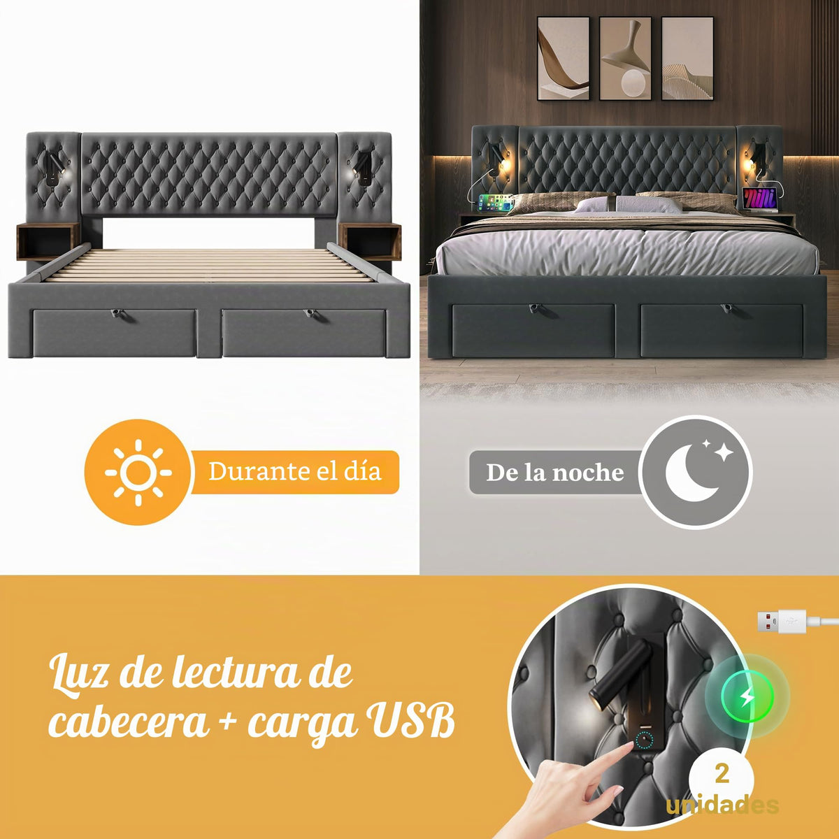 Juego completo de cama para dormitorio, cama doble tapizada de 160 x 200 cm, con 2 mesitas de noche y 4 cajones, cabecero de luz de lectura con función de carga USB, terciopelo, sin colchón