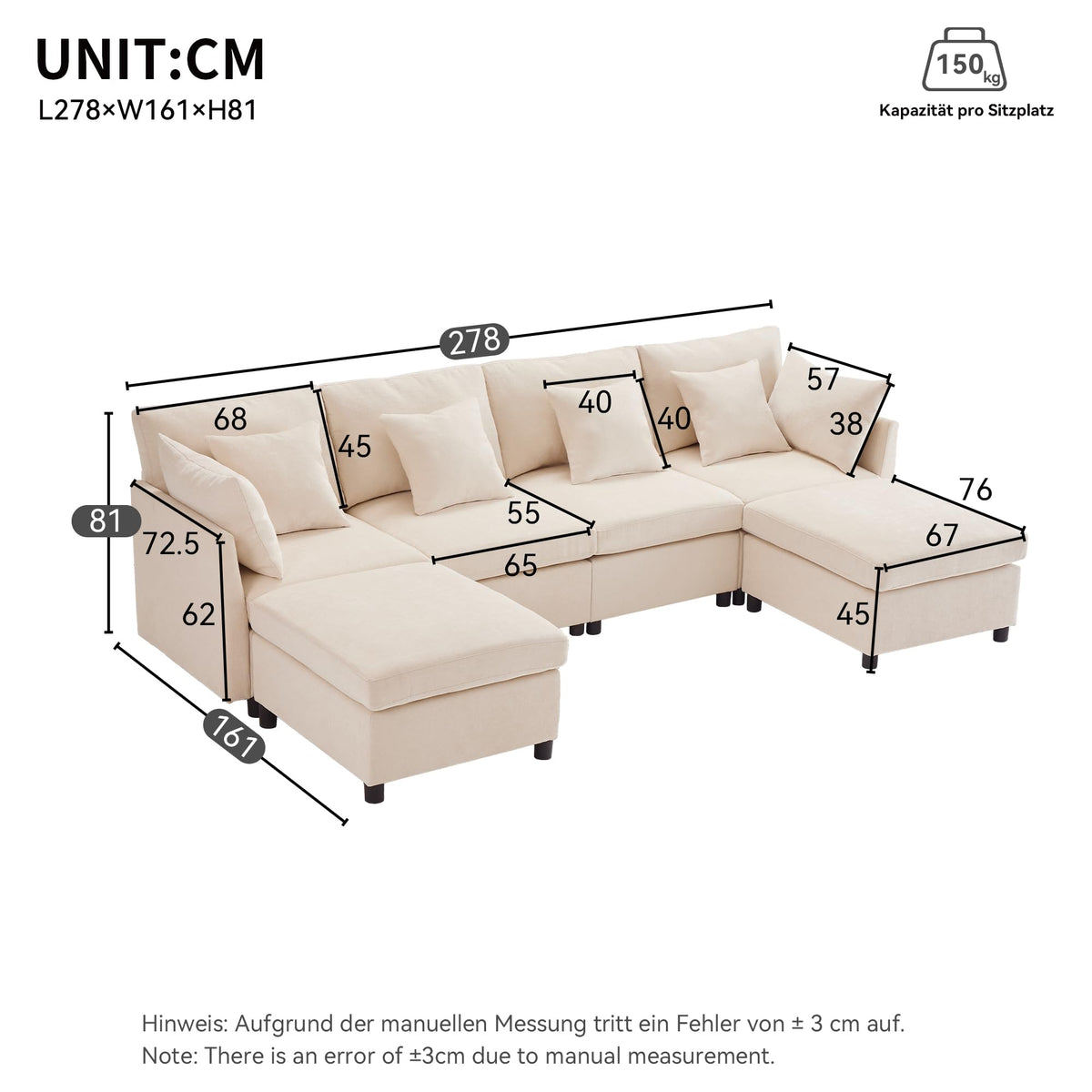 Sapgaks Sofá Seccional en U Moderno,Sofá 4 plazas,Mueble Acolchado de diseño Moderno,Tela de Chenilla (Beige)