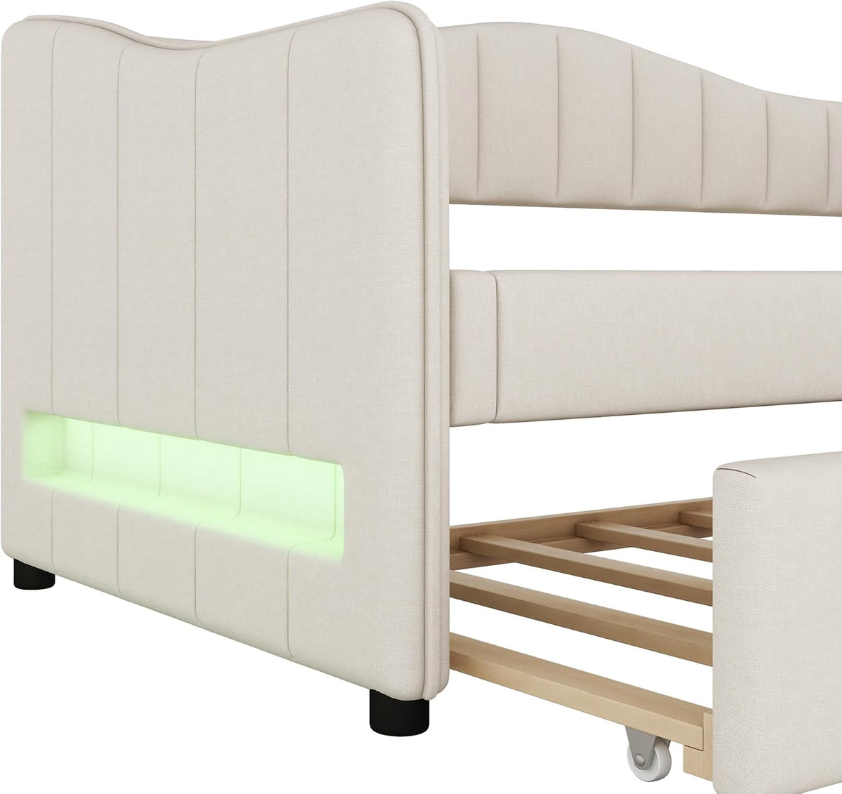 Cama de día, 90 x 200 cm, con cama extraíble, sofá cama, cama individual (sin colchón), diseño de luz ambiental, lino, estilo minimalista (beige)