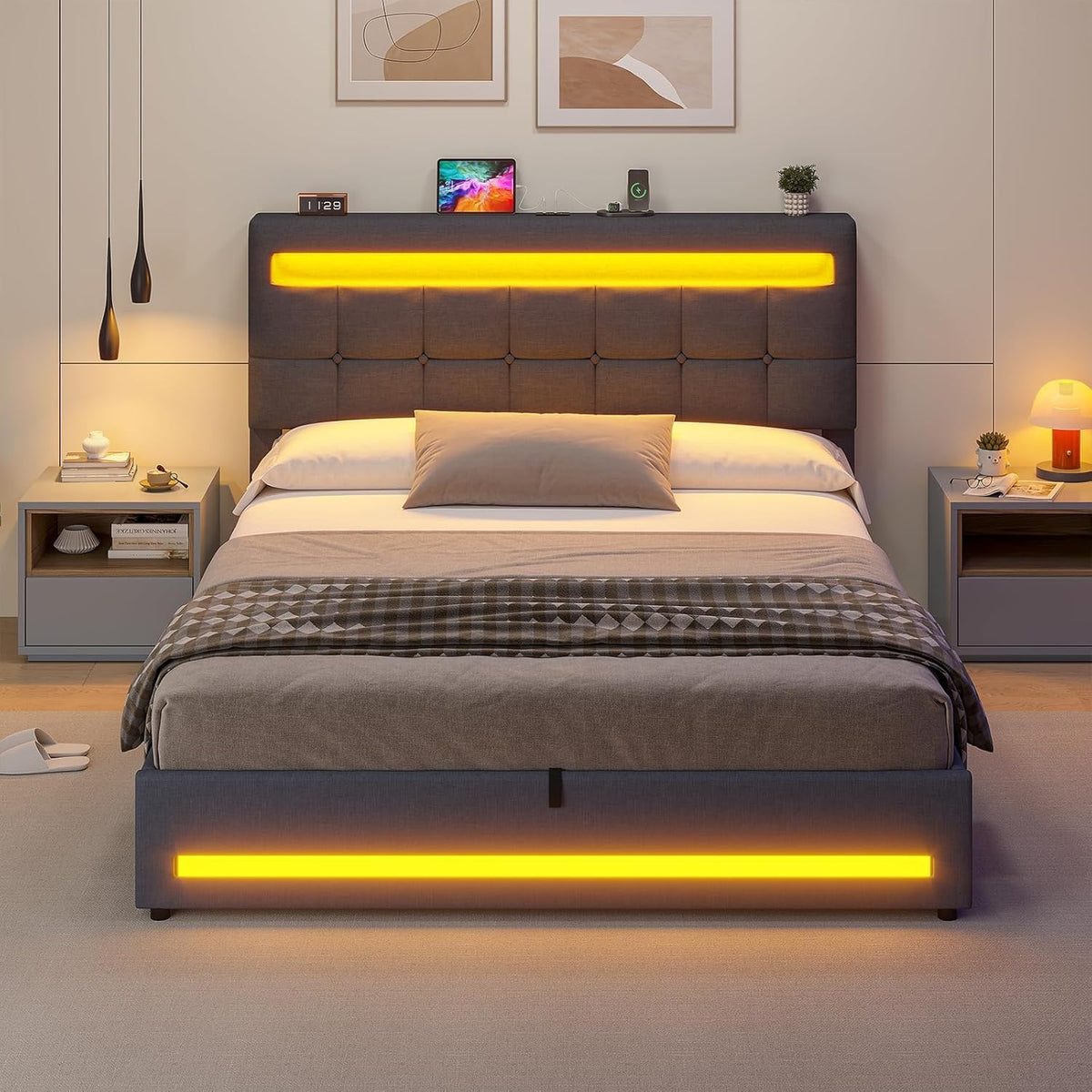 AOGLLATI Camas Matrimoniales 140x190 cm con Almacenamiento Hidráulico, Cama Canapé con Cabecero Ajustable, Estructura de Cama con Luces LED y Estación de Carga (USB y Tipo-C), Gris Oscuro