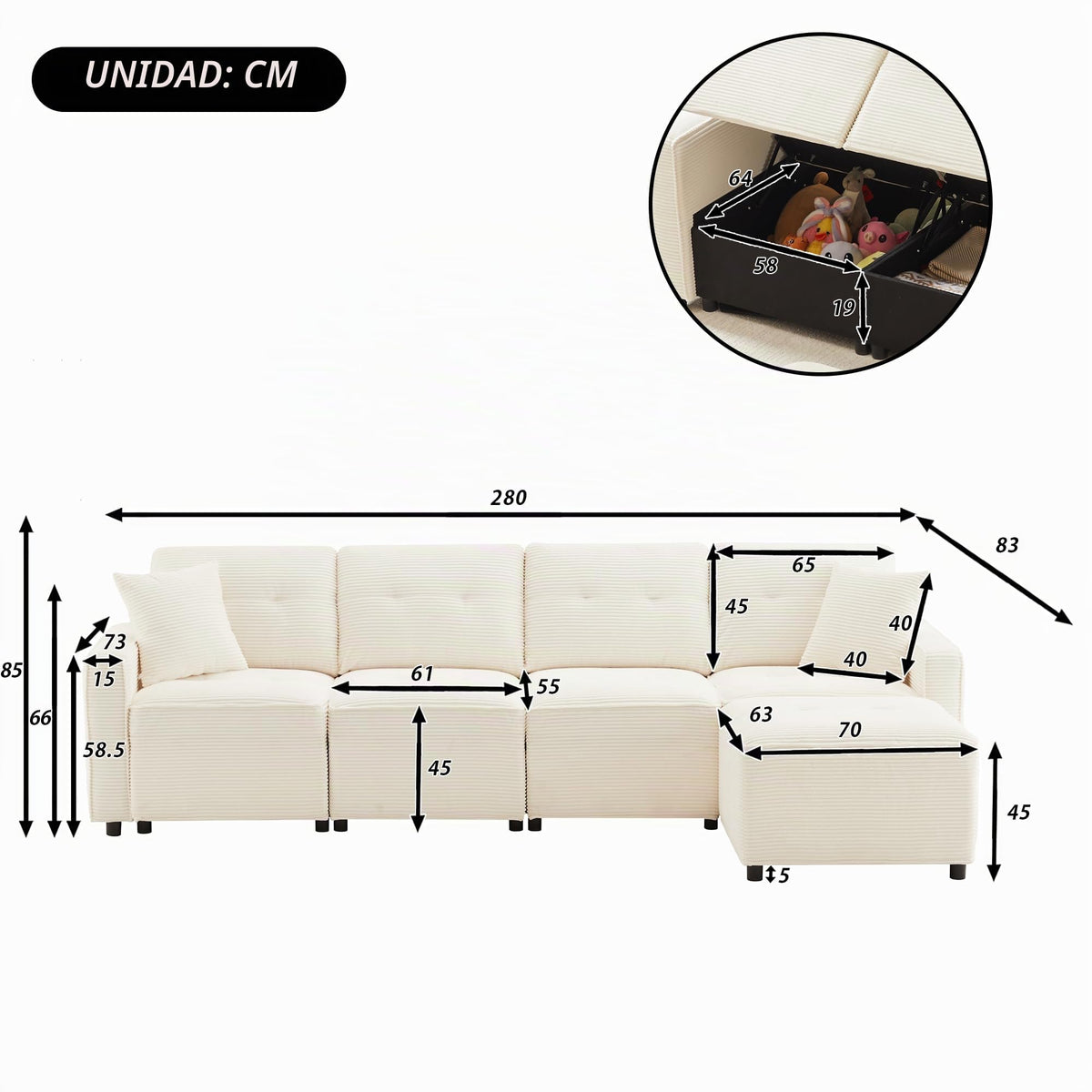 LAKFEW Sofa Cama con Cama Extensible y Taburete Almacenaje, Sofa Rinconera con USB, Lámpara de Lectura, Mesa Plegable con 2 Posavasos, 205x205x85 cm, Gris